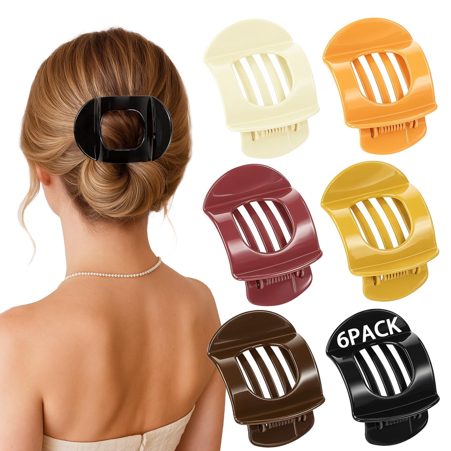 Flat Hairs Claw Clip, 6 PCS Duckbill Hair Clips for Women Non-Slip Strong Hold Matte Russet Tangerine, Beige, Black, Tan