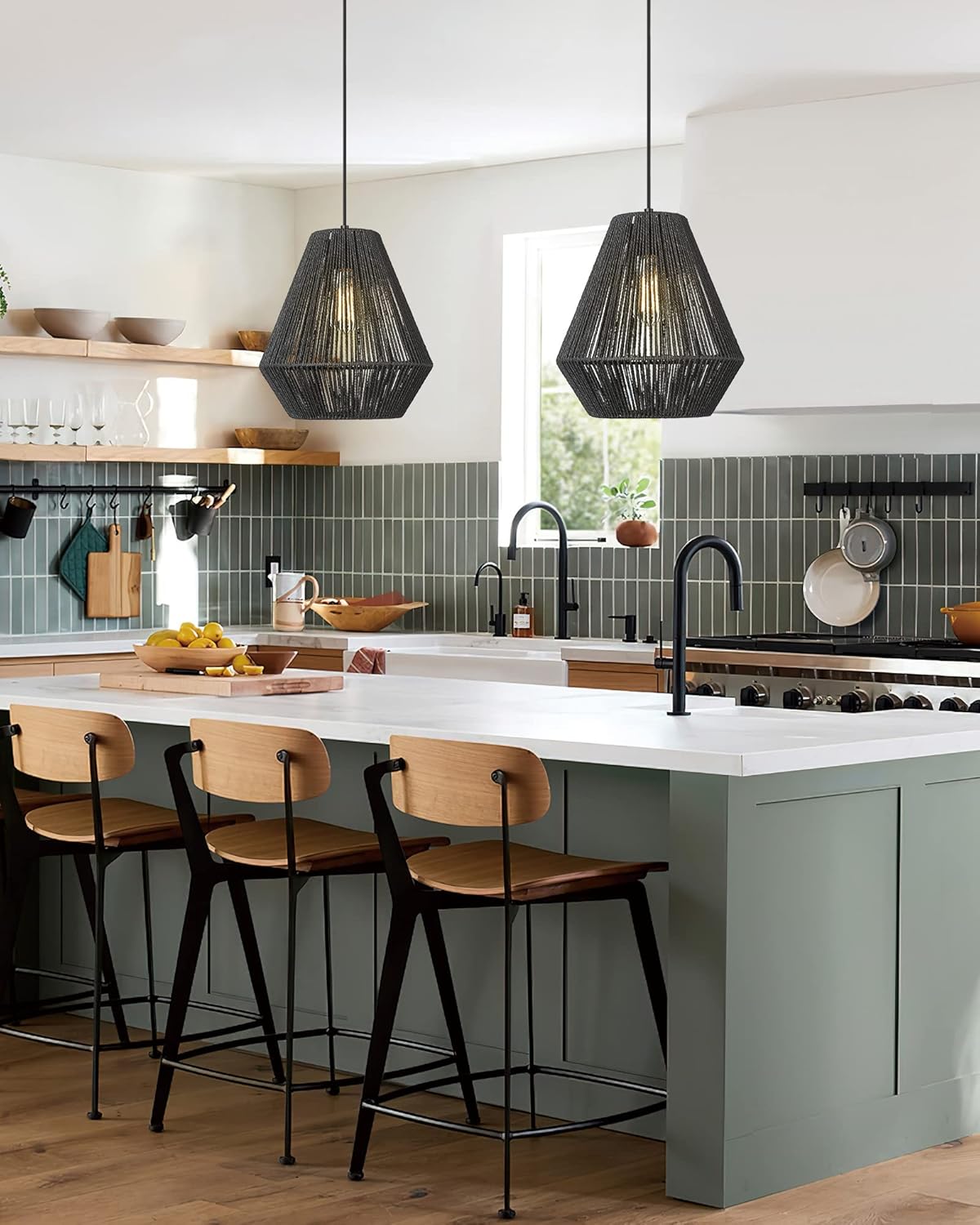 ELYONA Modern Woven Chandelier with 12"&17" Handwoven Rattan Basket Shade for Kitchen Dining Room Bedroom Foyer Hallway