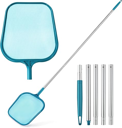Escumadora de piscina - Red de escumadora de piscina con 5 secciones de postes telescópicos desmontables de aluminio, 25'- 64', escumadora de red de