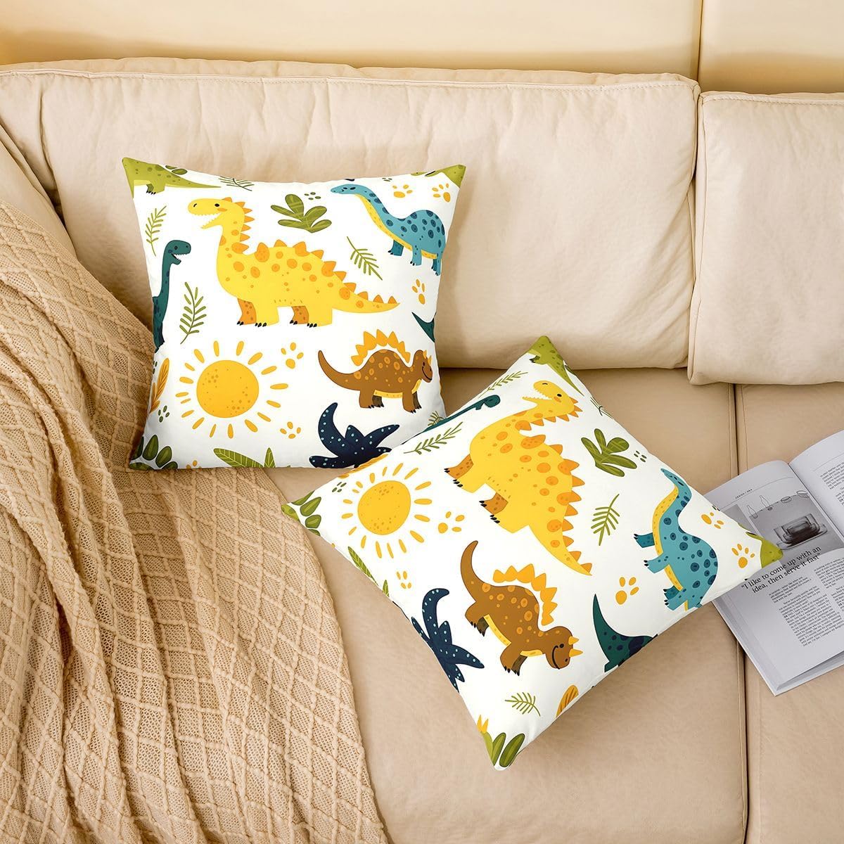 Manfei Cartoon Dinosaur Throw Pillow Cover Sun Leaf Double-Sided Pillow Case Bedroom Living Room Cute Kawaii Cushion Cover for Bed Couch Soft Pillowcases,16x16 Inches White Yellow image 2