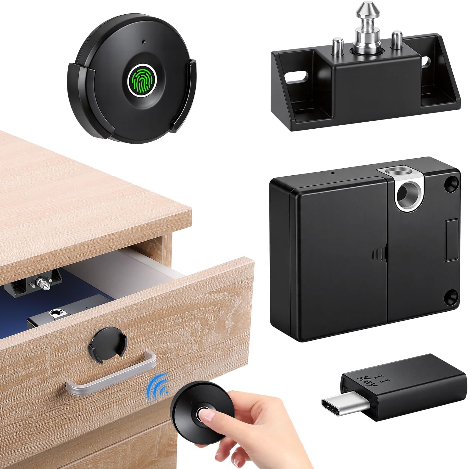 Fingerprint Remote Control Cabinet Lock, Fingerprint Remote Unlocking Within 10m, Hole-Less Lnstallation, Keyless Hidden File Drawer Wardrobe Lock, Lock for Home,Office, Closet Sliding Doors