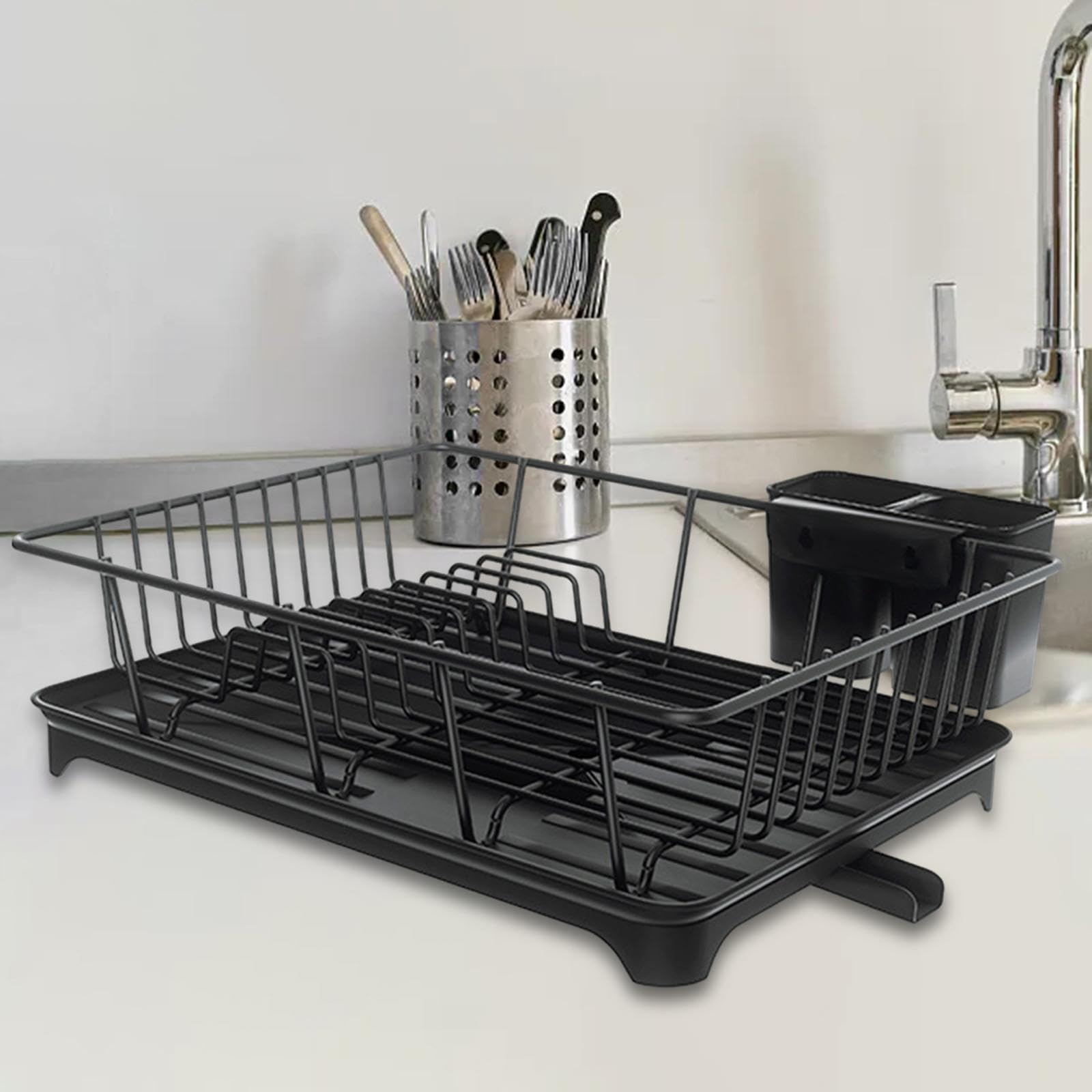 Escurridor de Platos para Encimera de Cocina, Escurridor de Platos, Organizador Multiusos Que Ahorra Espacio, Portavasos con, Negro, Individual