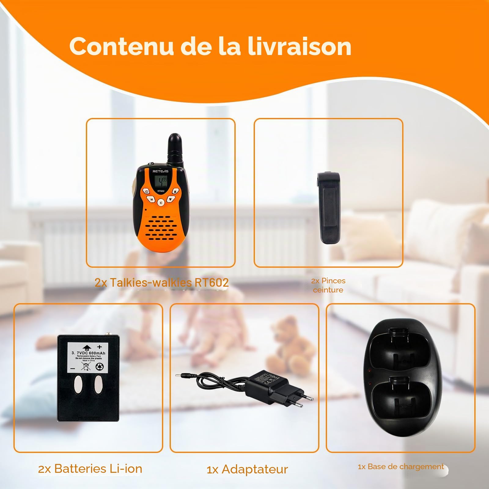 Retevis RT602 Talkie Walkie Enfant Rechargeable avec Base de Chargement et Batterie Li-Ion, Lampe Poche, Cadeau Camping Aventure (1 Paire, Orange)