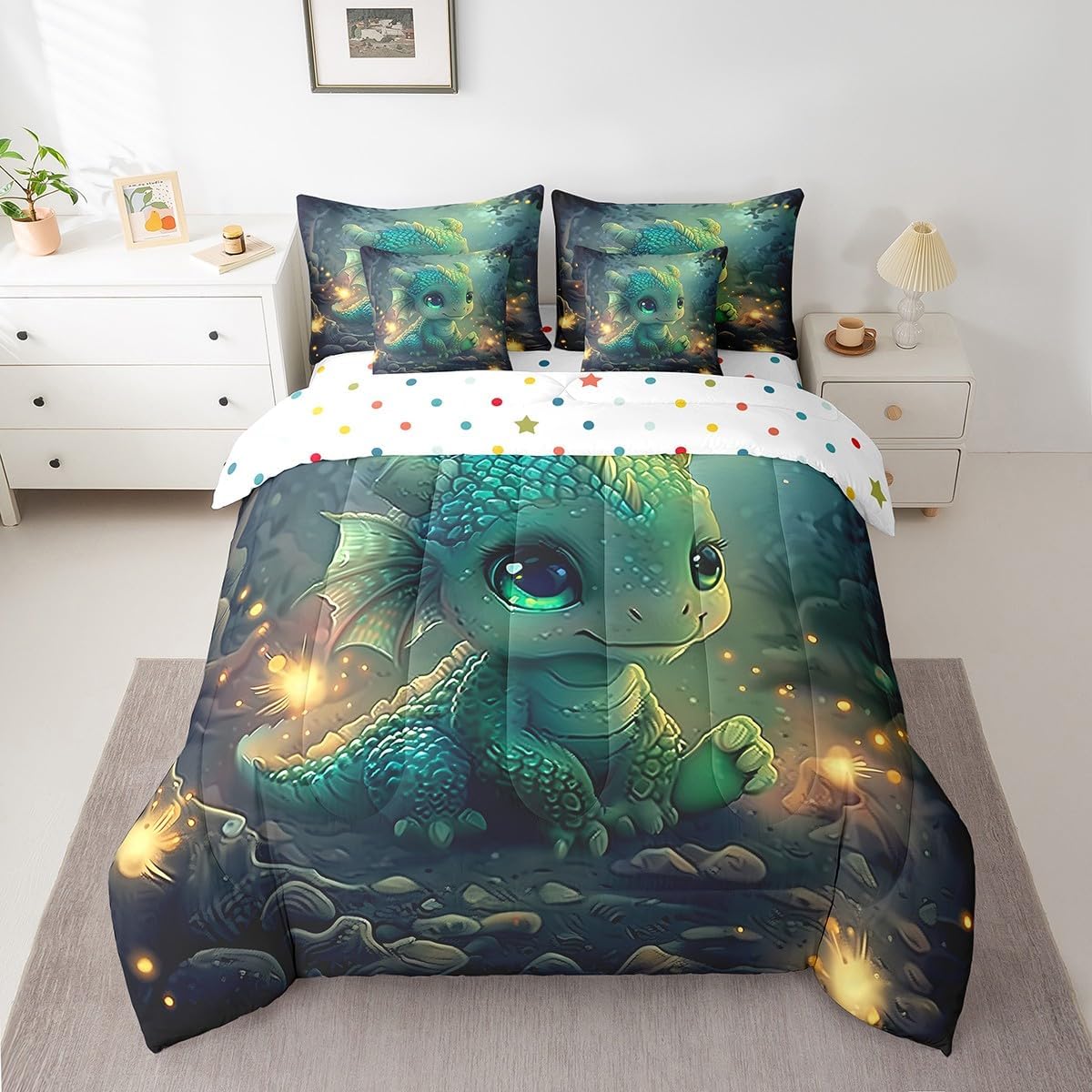 Feelyou Cartoon Dragon Bedding Set Twin Size Cute 3D Animal Comforter Set 7 Pieces Ancient Wildlife Scale Dragon Deep Animal Bed in a Bag Green Bed Set with Comforter, Sheet Set, Pillowcases