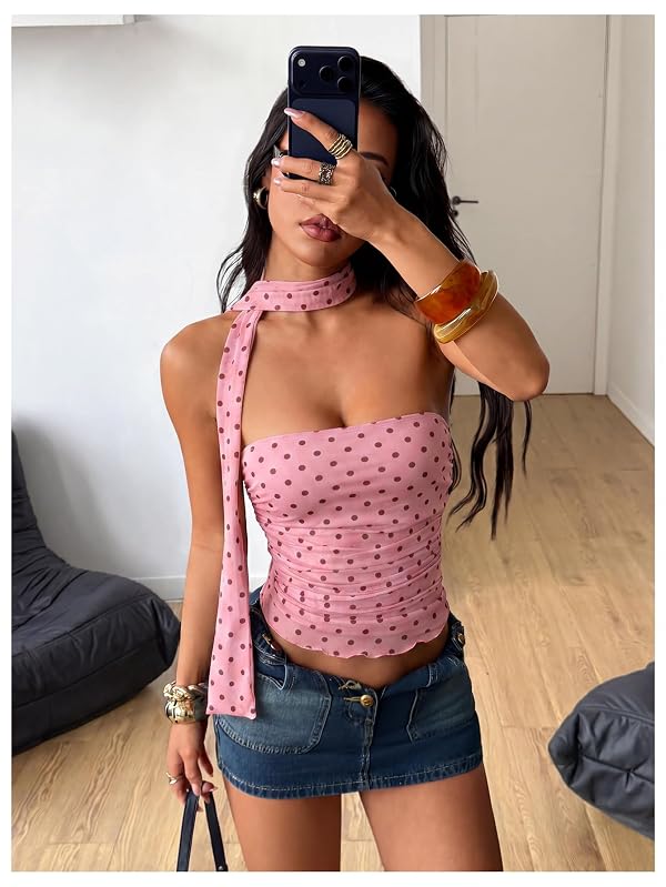 Milumia Women's Polka Dots Tube Tops Y2k Sleeveless Scarf Top Pink by Milumia - Used condition - Image 5