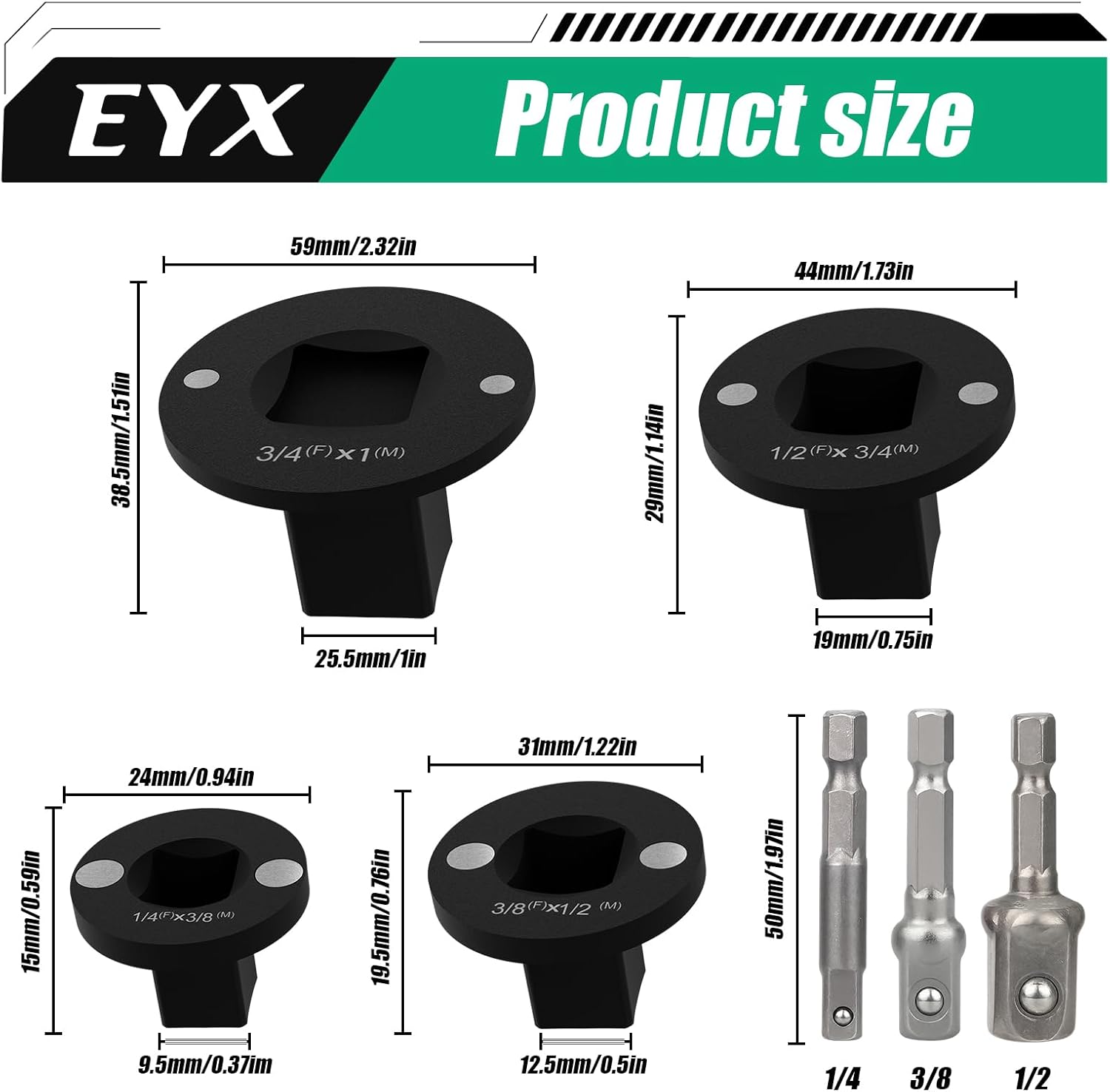 Socket Adapter Set, 4PC Low Profile Impact for Tight Spaces - Fits Square Head 1/2" 1/4" 3/8" Hex Key Socket Wrench & AD Connecting Rod, Includes Drive Converters