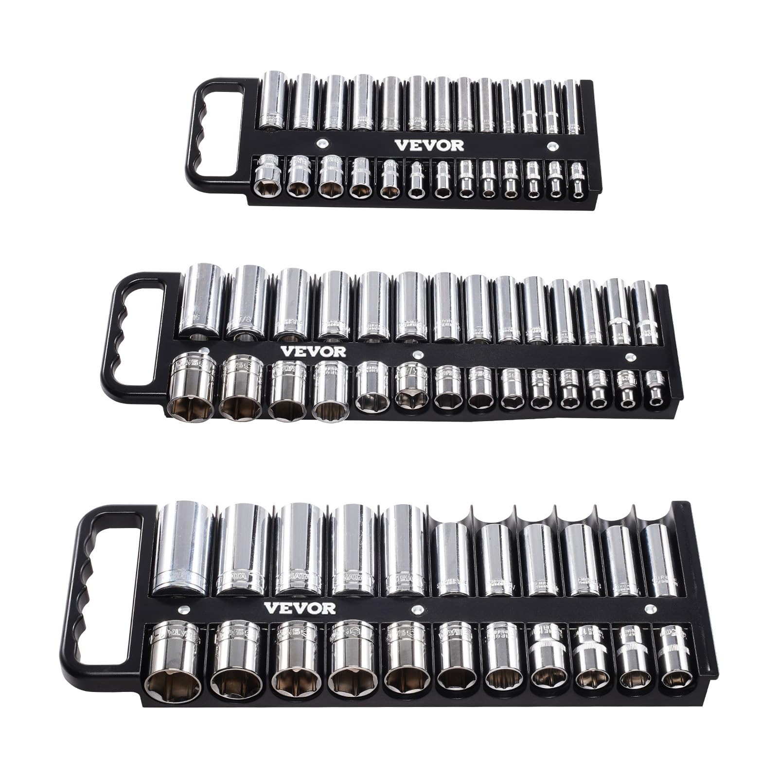 VEVOR Kit Organisateurs de Douilles Portables, Lot de 3, Plateaux de Douilles Métriques SAE 1/4'', 3/8'', 1/2'', Capacité de 76 Douilles, avec Poignée et Base Magnétique, pour Tiroir de Boîte à Outils
