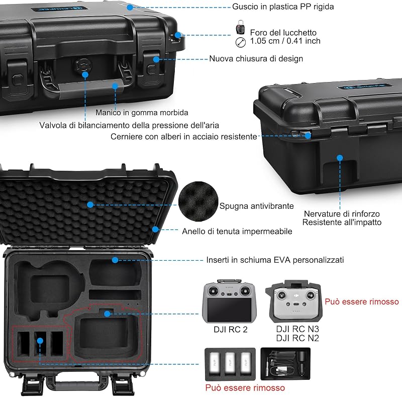 Carcasă rigidă impermeabilă LEKUFEE pentru DJI Fly More Combo, compatibilă cu DJI RC 2, RC N3 și RC N2, 8 baterii, hub de încărcare și accesorii, doar geanta