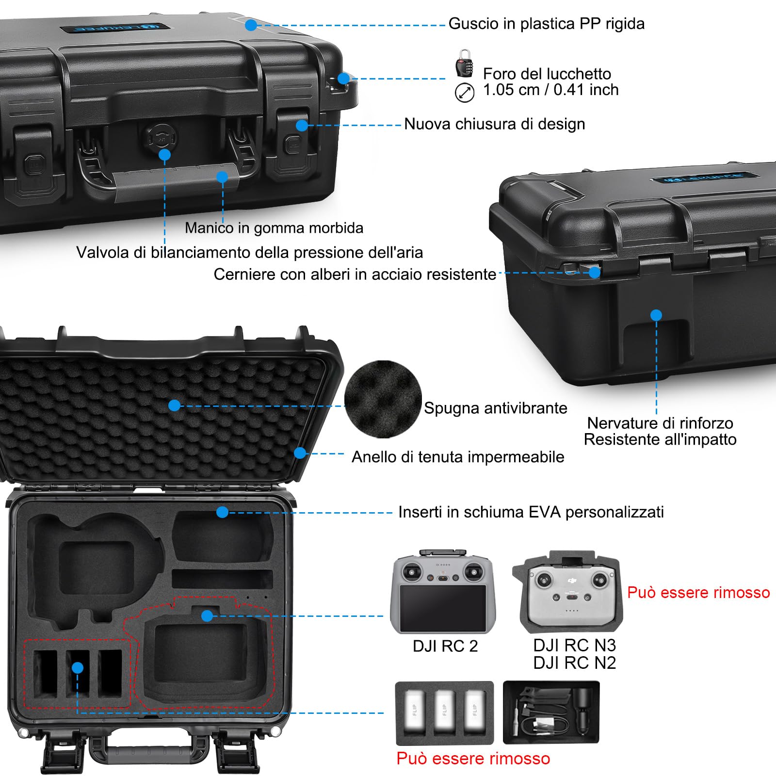 LEKUFEE Custodia Rigida Impermeabile Portatile per DJI Flip Combo Fly More,DJI RC 2/RC N3/N2, batteria (8 pezzi), hub di ricarica e altri accessori (solo borsa)