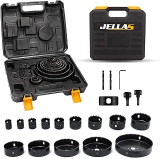 Hole Saw Set, Jellas 17PCS Hole Saw Kit with 13Pcs Saw Blades, Max Size 6"(152mm) and Min Size 3/4" (19mm), 2 Mandrels, 1 Installation Plate and 1 Hex Key, Ideal for Soft Wood, PVC Board and More