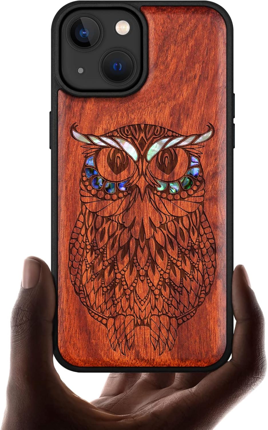 Carveit Designer Wooden Protective Magnetic Case for iPhone 14 Case [Wood Engraving & Shell Inlay] Unique Wood Phone Cover Compatible with iPhone 14 MagSafe 6.1 Inch (Owl-Walnut)