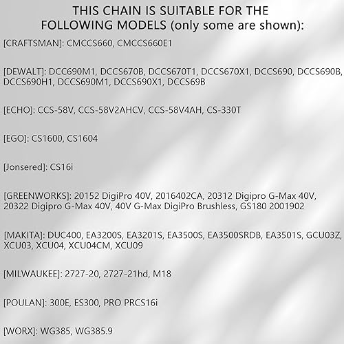 Miniatura 6 de O-CONN Paquete de 4 cadenas de motosierra de 16 pulgadas, paso LP de 38 pulgadas, calibre 043 pulgadas, 56 eslabones para Ego CS1613, M18 Fuel,