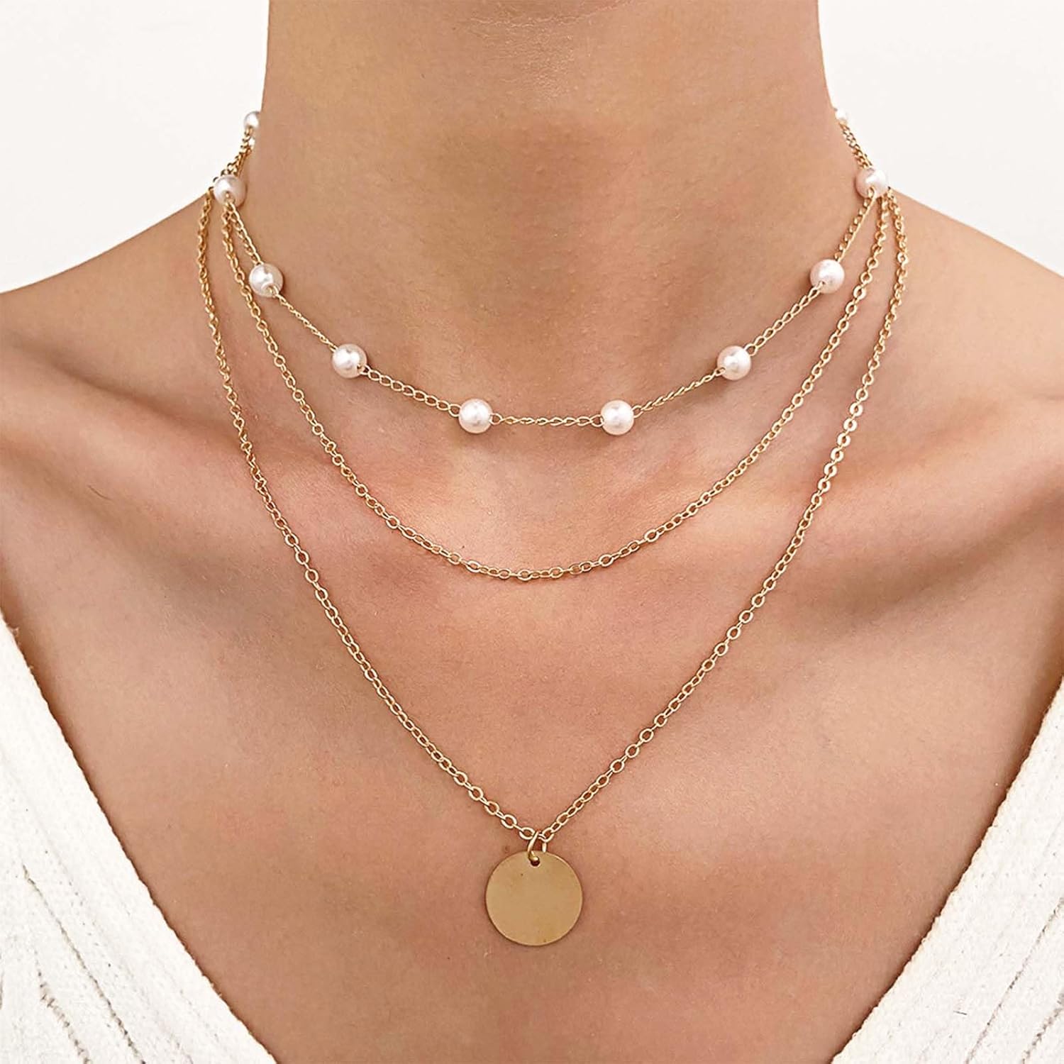 Vintage Layered Coin Disc Necklace Gold Pearl Station Chain Necklace Coin Pendant Necklace Layering Coin Choker Necklace Jewelry for Women (Gold) - Image 2