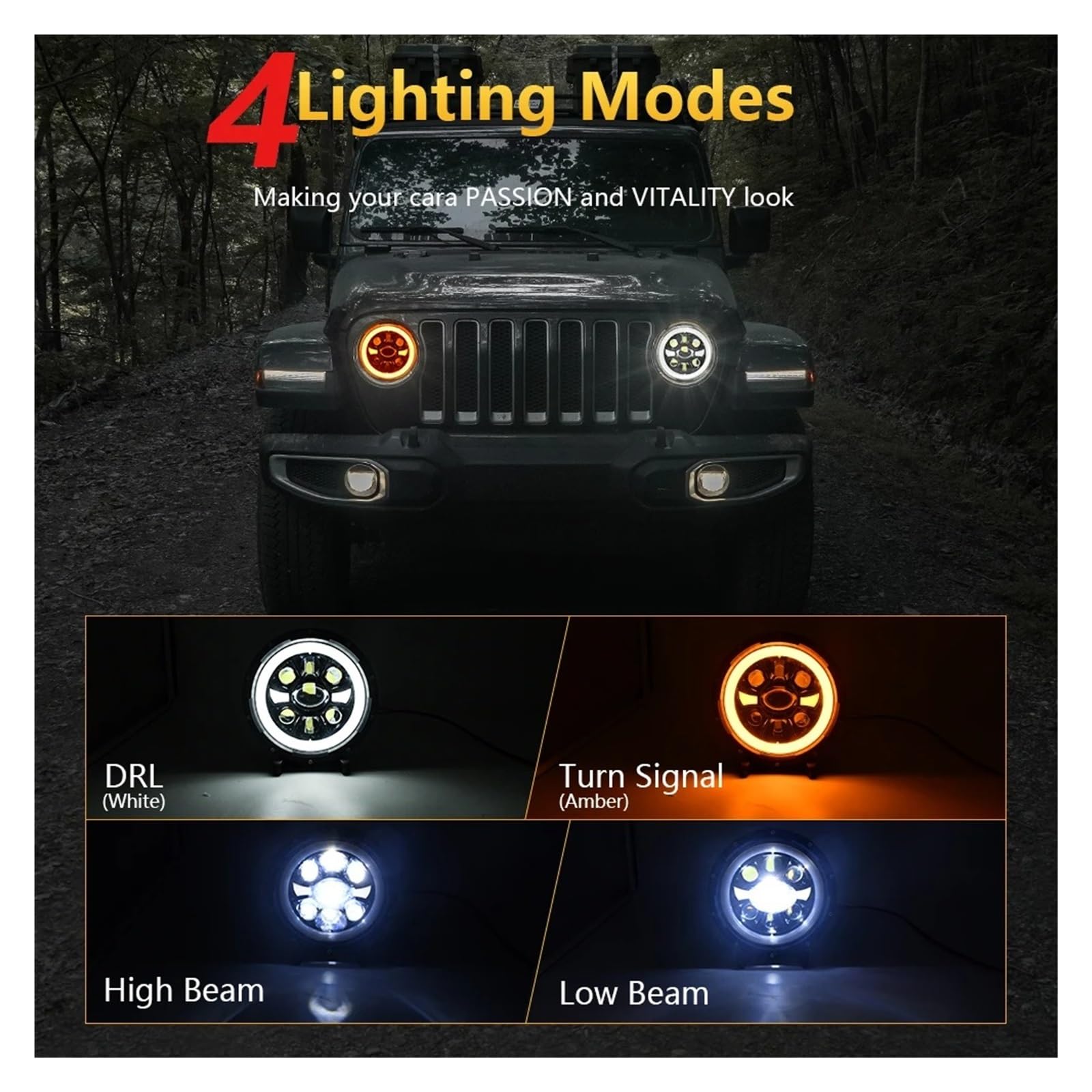 Faro Anteriore Luci Lavoro Per Auto Da 7 Pollici Fari Per Wrangler Per Jeep Fari Rotondi R9 Fari Bright Angel Eye H4 150W 6000K Per Fuoristrada 4x4 Faro Proiettore