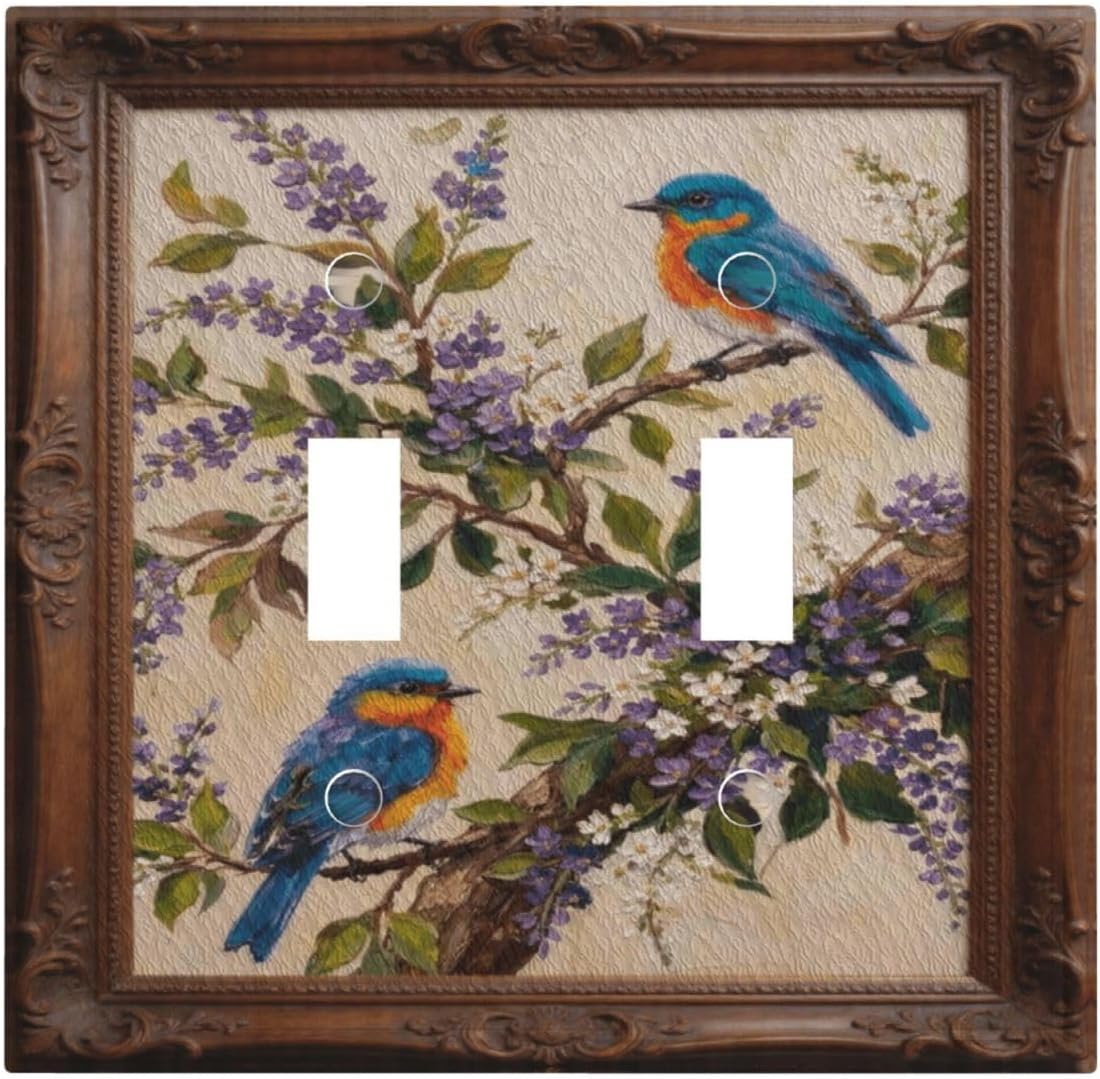 Vintage Bluebird Floral Double Toggle Plate Cover | Carved wood frame, vivid bluebird & purple bloom. Nature elegance for living room, bedroom, study. Std double toggle.