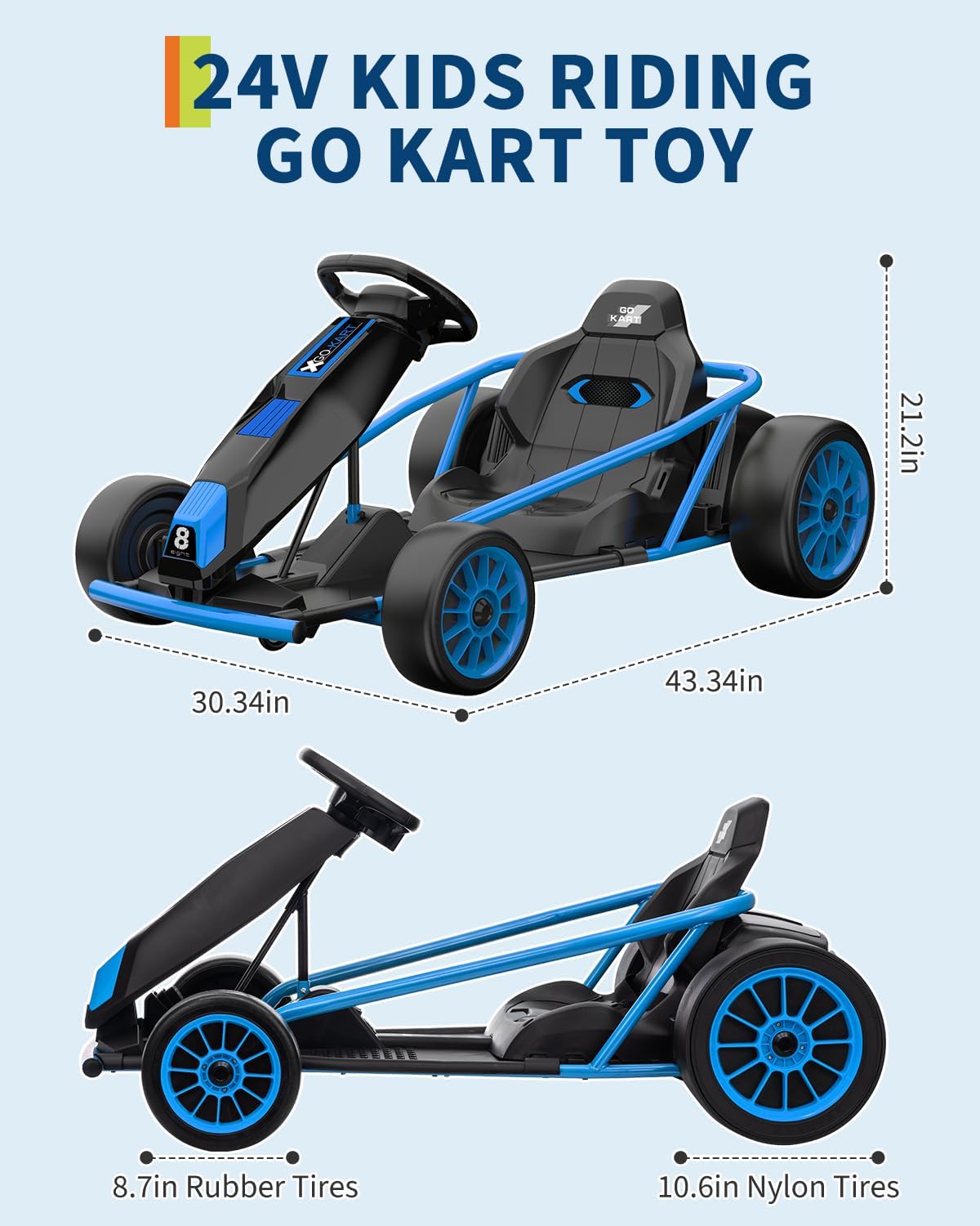 GarveeLife 24V 9Ah Kids Ride On Go Kart Toy,High Speed 8.1MPH Drifting Car with 2x300W Motors,14.3" XL Seat,Full Metal Frame,Music,Power Display,Max Load 155Lbs Racing for Kids 8-12 Years,Blue-Color