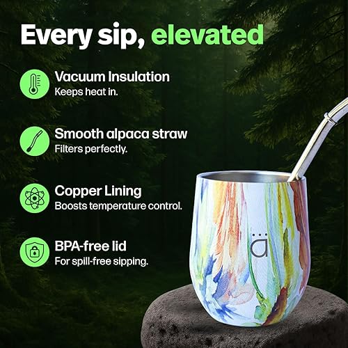 Miniatura 2 de Kalmateh Yerba Mate Gourd - Acero inoxidable de doble pared con tapa sin BPA, filtro de bombilla y limpiador de bombilla, verde camuflaje, 8 onzas