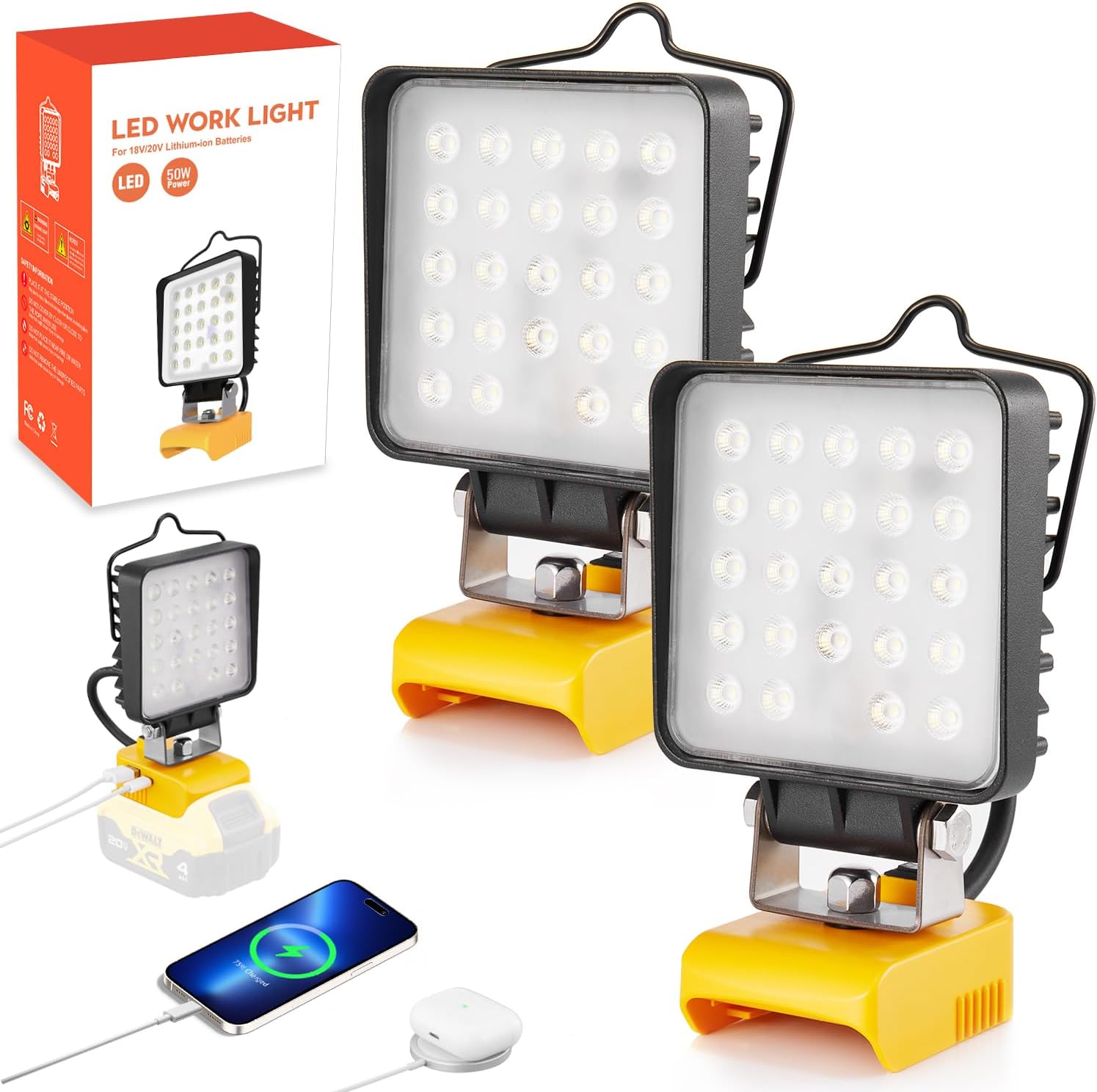 2 Pcs Work Light for Dewalt 18v 20v Battery, 50W 5400LM Flashlight, Cordless LED Flood Light, Battery Lithium Light with USB&Type-C Charging Port for Camping, Outdoors, Workshop