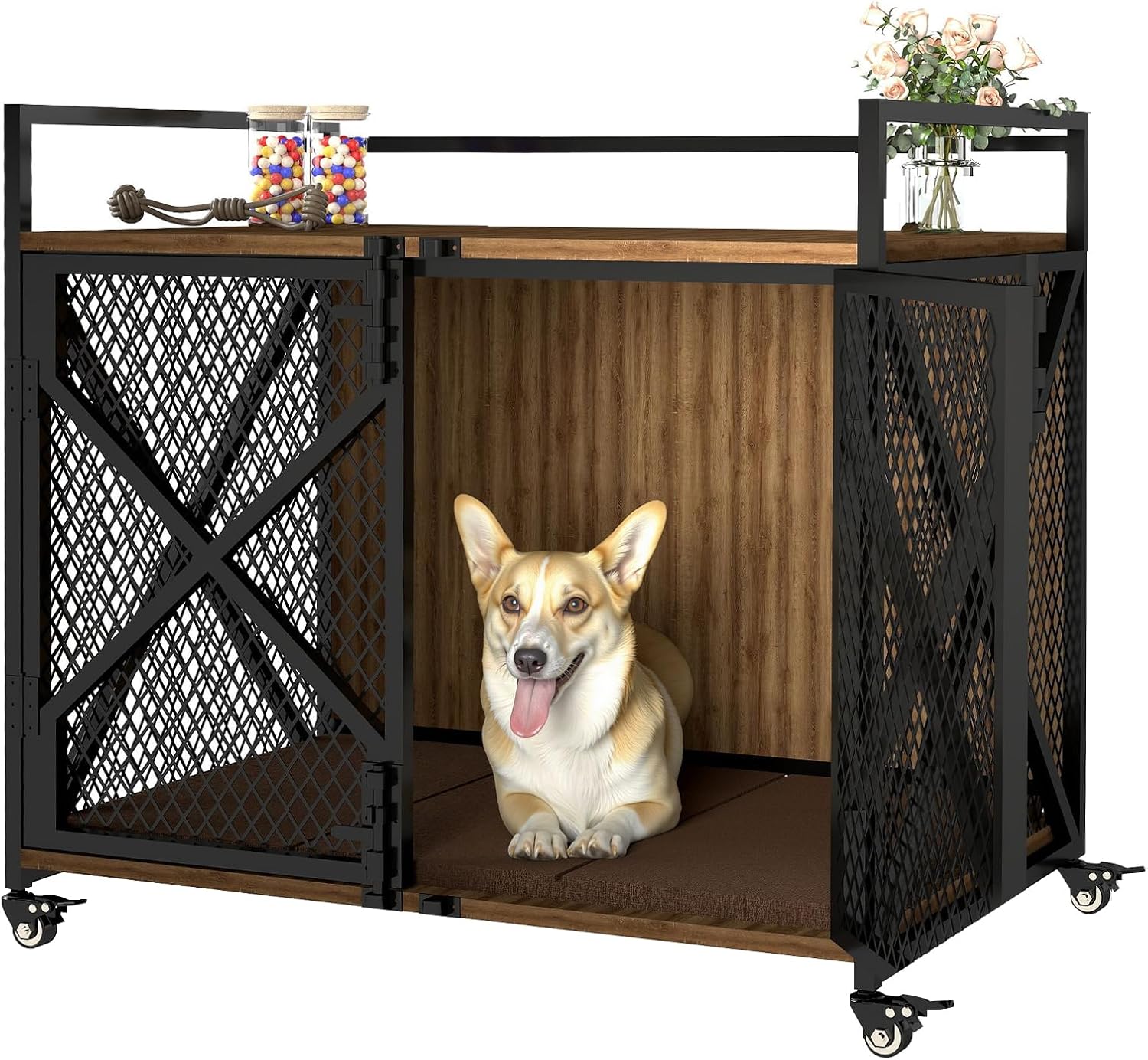 Dog Crate Furniture for Medium Large Dogs, 41'' Wooden Dog Kennel Indoor End Table with Lockable Wheels, Heavy Duty Dog Cage for Bedroom Living Room, Furniture Style, Rustic Brown