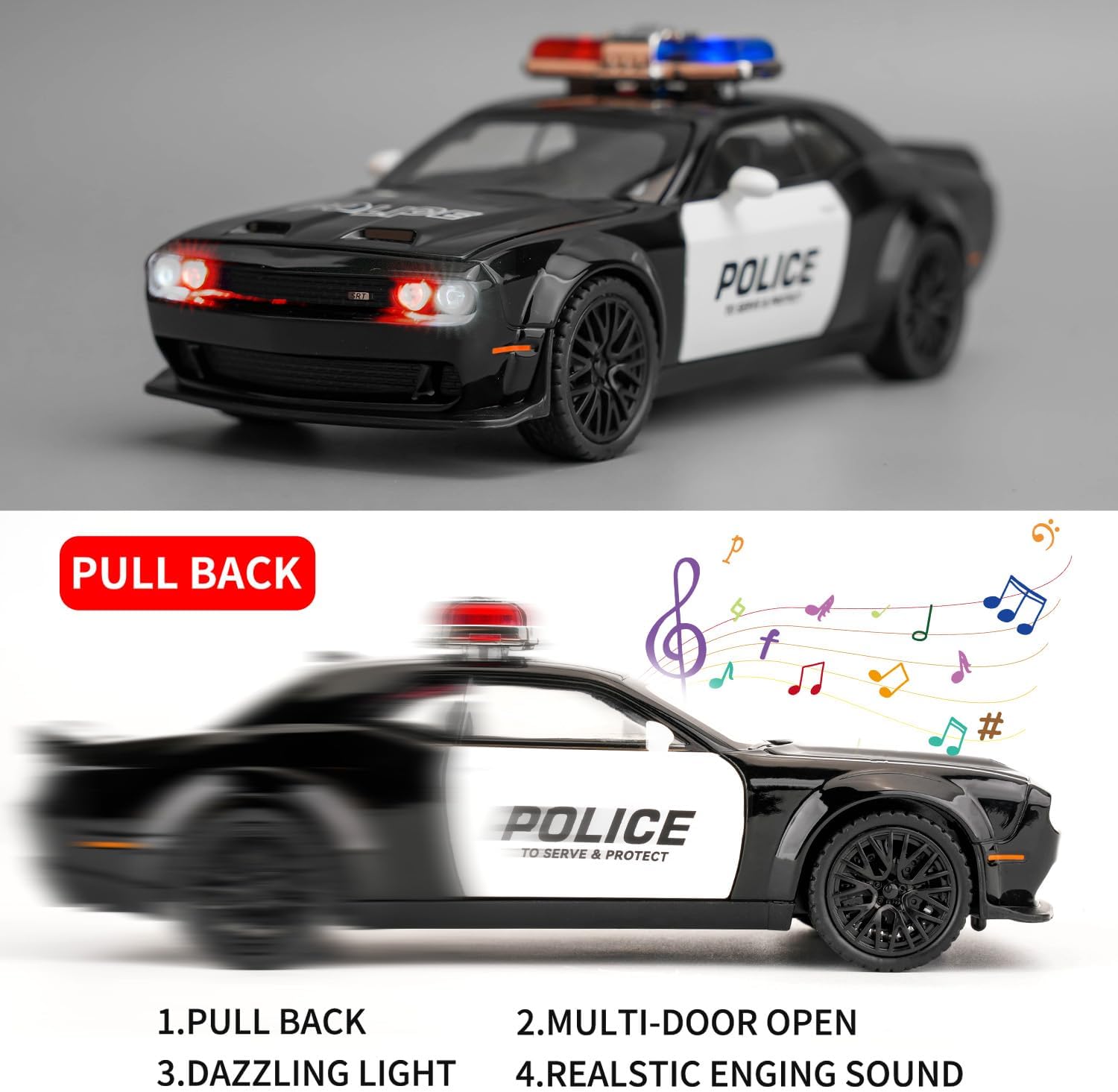 BDTCTK Dodge Challenger Hellcat Police Car Model Toy - Alloy Pull-Back Vehicle with Sound & Light Effects, for Kids Boys & Girls Ages 3+