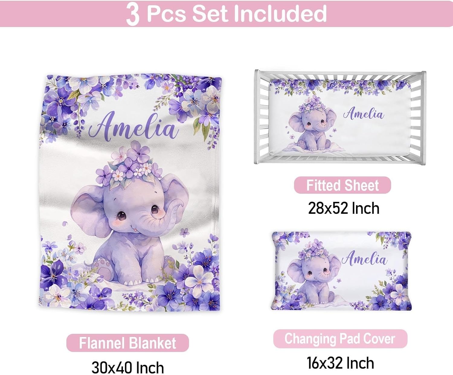 Personalized Baby Girl Crib Bedding Set with Name, Floral Elephant 3 Piece Nursery Bedding with Flannel Blanket, Fitted Crib Sheet and Changing Pad Cover, Newborn Toddler Gift