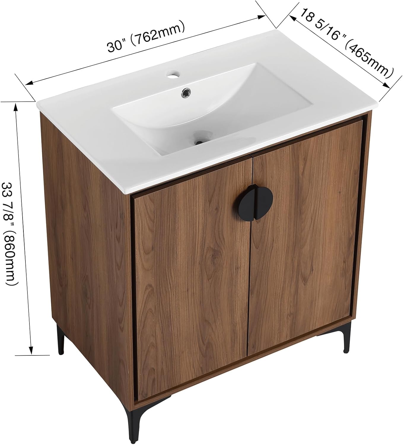 Modern 30" Bathroom Vanity with Sink, Freestanding Bathroom Cabinet with Undermount Ceramic Sink, Single Small Bathroom Vanities, Bathroom Storage Vanity Set w/ 2 Doors and Shelf, Soft-Close, Brown