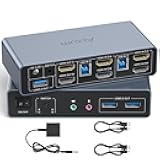 Alxum 2 Port HDMI KVM Switch with Audio and Microphone Ports-2 Monitors Share 2 PC,Dual Mode Switching Support Copy or Extended Mode 4K@60Hz 3 USB A 5Gbps,Includes Desktop Controller, 2 USB Cables