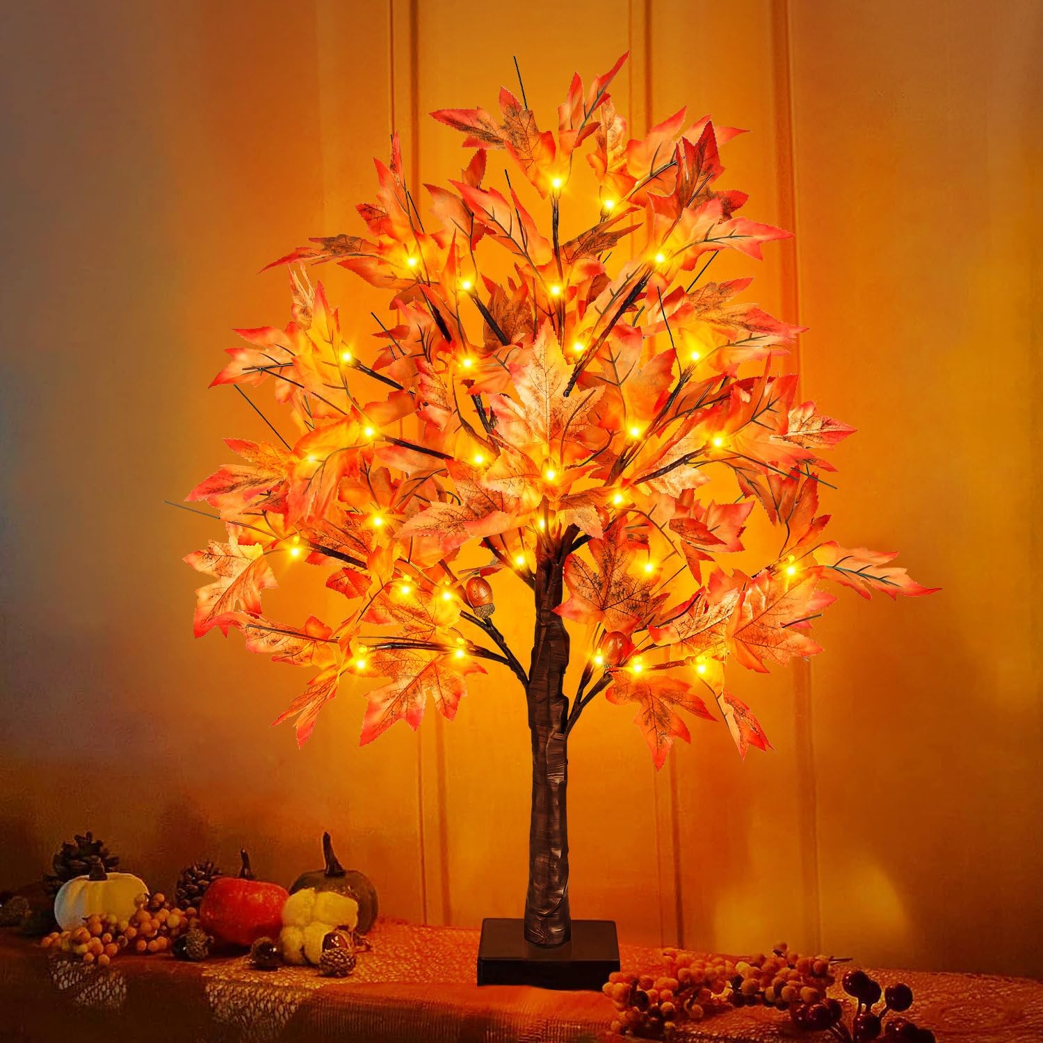 Remon 24 Inch Lighted Fall Maple Tree - 2FT Thanksgiving Tabletop Lamp Decor with 36 LED Lights, 72 Maple Leaves, 6 Acorns, Timer, Burlap Base, Battery Operated Fall Artificial Tree for Indoor