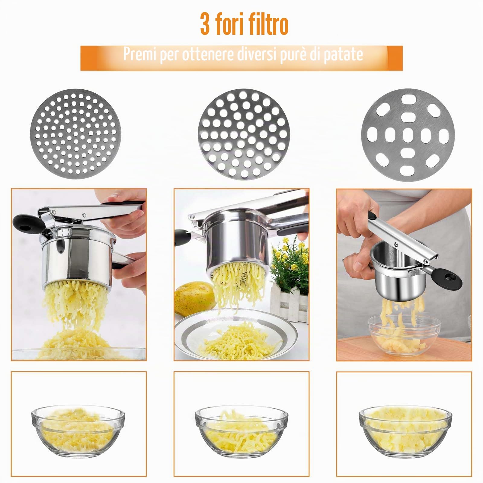 Schiacciapatate Manuale, Pressa Manuale per Patate in Acciaio Inox con 3 Colini Sostituibili per Purè di Patate, Frutta, Verdure, bébé