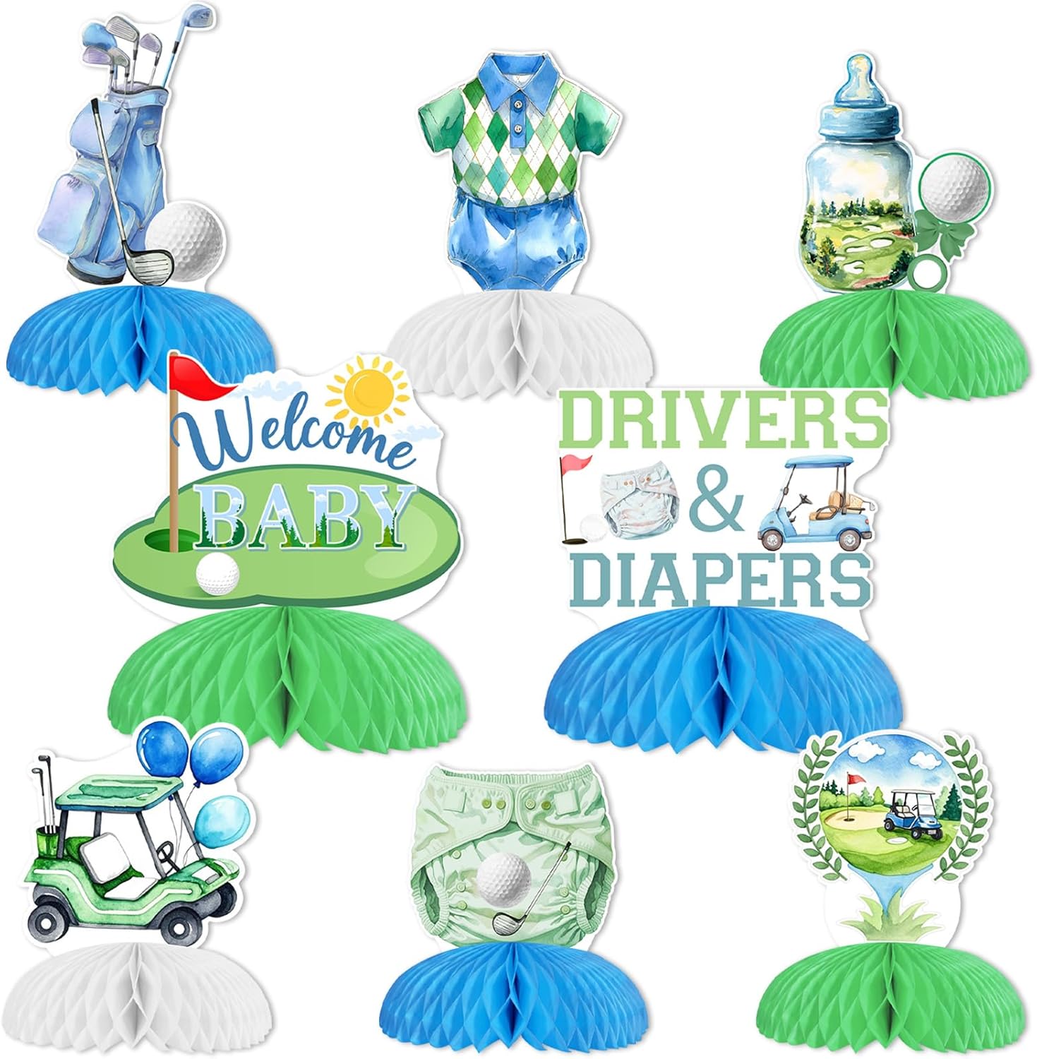 Cheereveal 8pcs Golf Baby Shower Honeycomb Centerpieces, Drivers & Diapers Themed Table Decorations Green and Blue, Sports Themed Gender Reveal Birthday Party Supplies for Boys