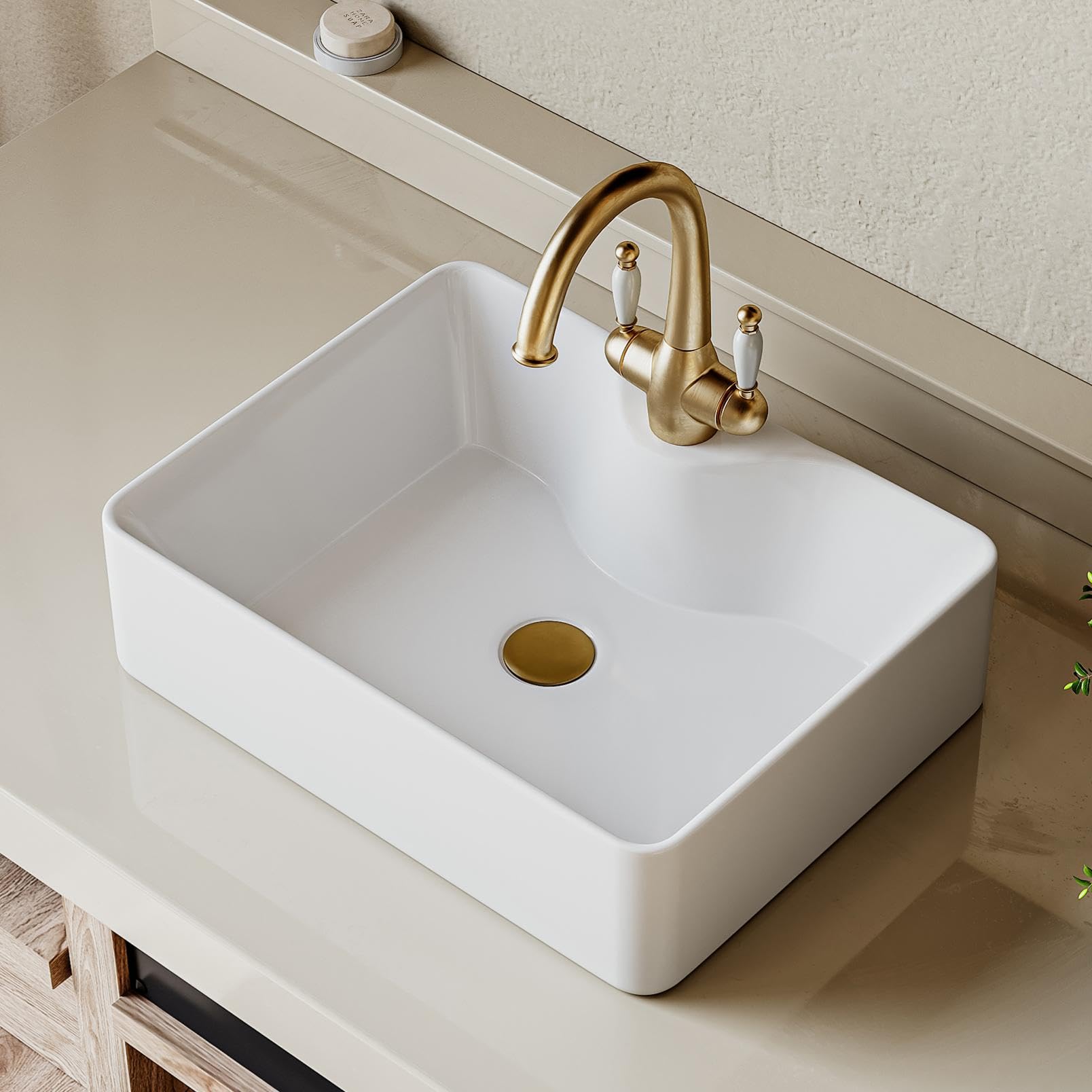 Eridanus Countertop Basin, Rectangular Ceramic Bathroom Vessel Sink, 480 x 370 x 135 mm, Gloss White, with Tap Hole, Modern Vanity Wash Basin