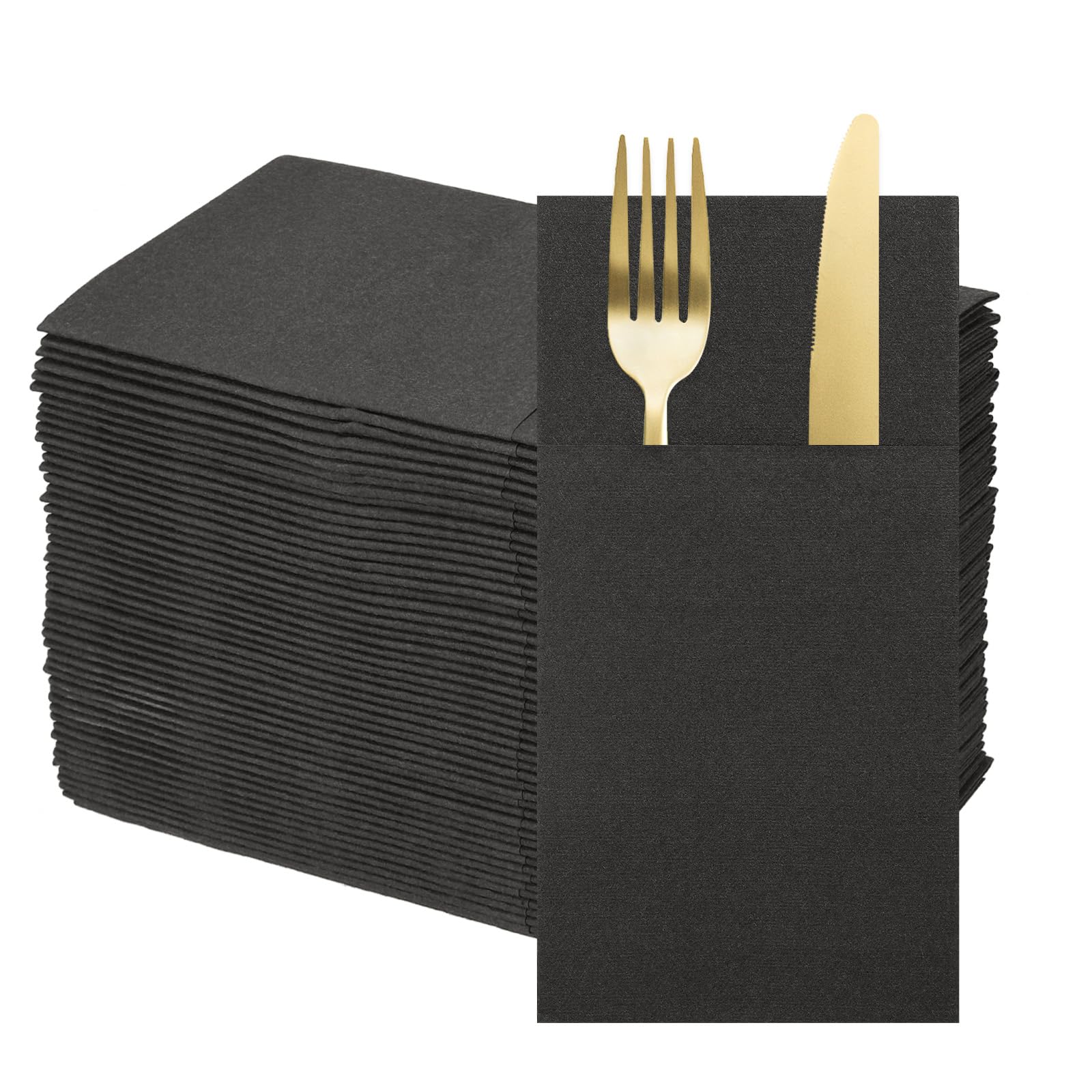QUARKZMAN 100 Pcs Serviettes Jetables En Lin Essuie-Mains Pour Mariage Noir | Avec Poches À Couverts Intégrées, Serviettes En Papier Pour Couteaux Et Fourchettes