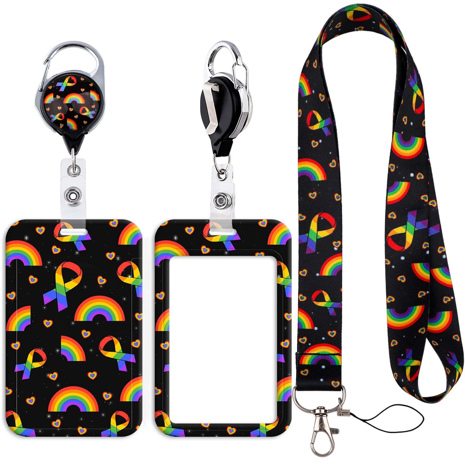 Rainbow Lanyard Identity Card Holder with Retractable Reel Clip for ID Work Nurse Teacher Office Staff Parade Event