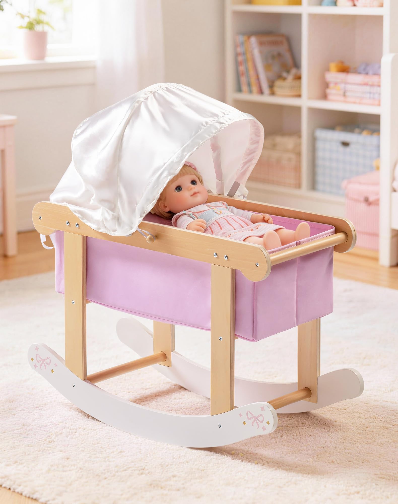 ROBOTIME Cuna de madera para muñecas de 18 pulgadas, color rosa