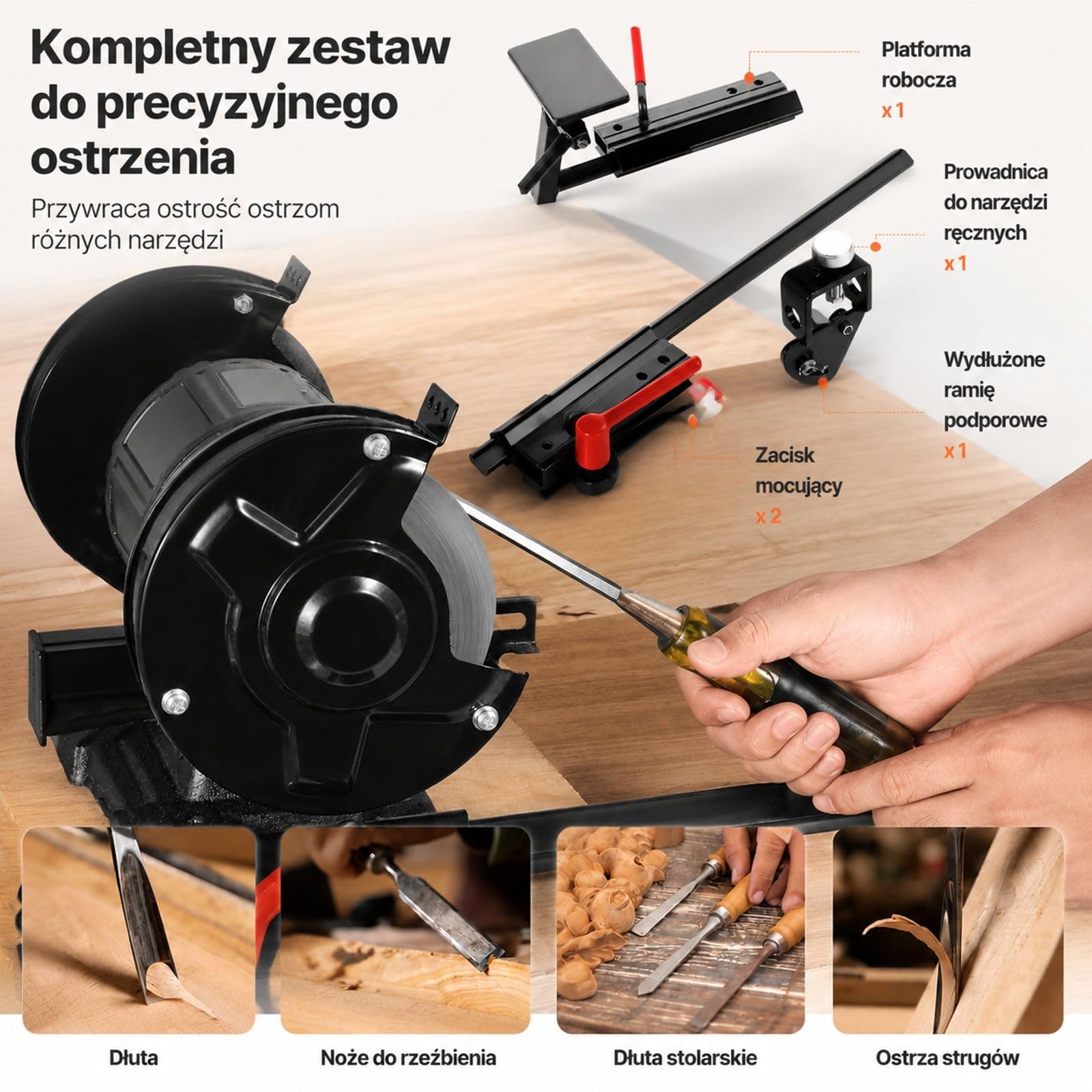 Przyrząd do ostrzenia na szlifierkę stołową z platformą i długim prętem podporowym do dłut, żłobaków, noży strugarskich, rzeźbienia, toczenia drewna