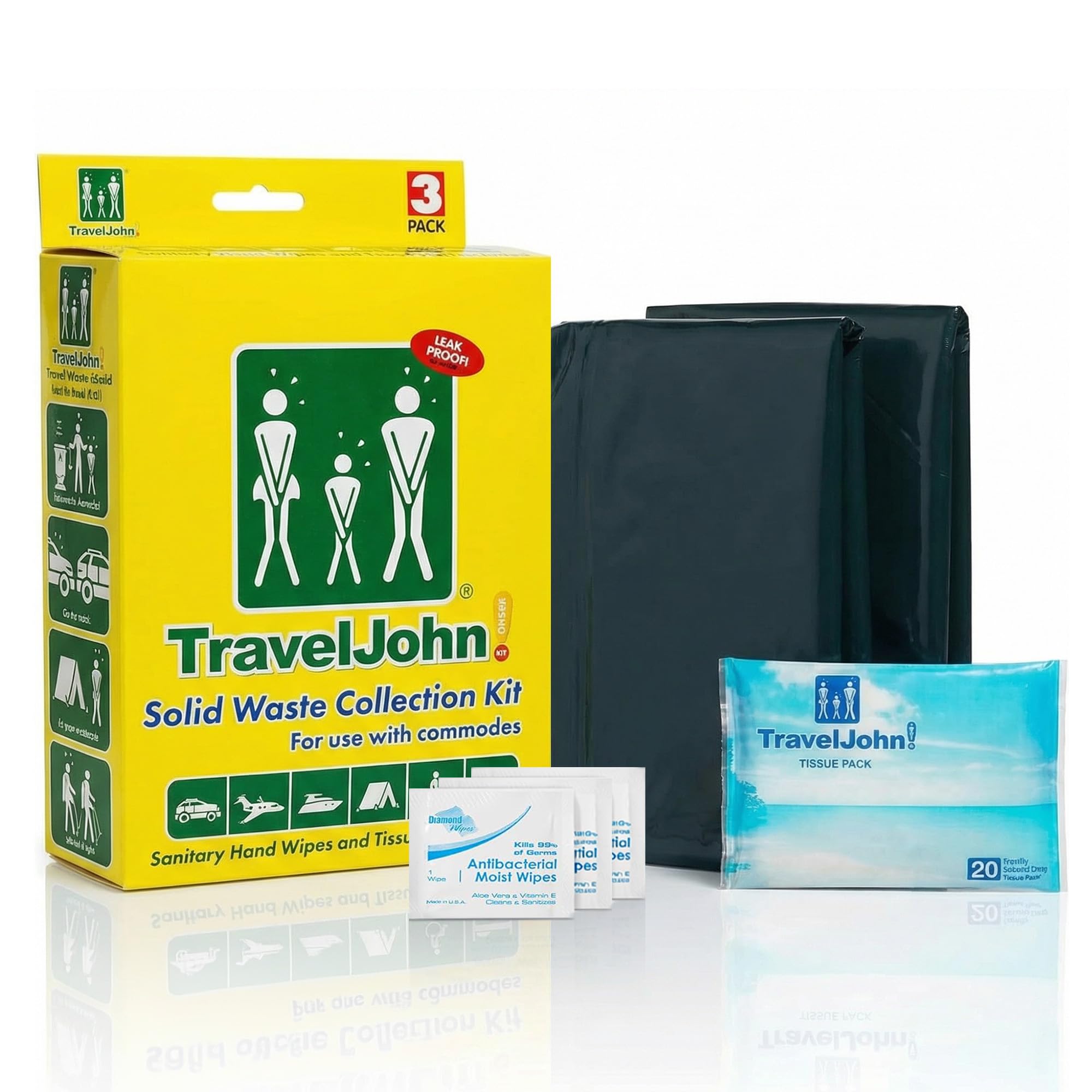 TravelJohn Portable Toilet Waste Bags - 3 Pack - Double Bag Leakproof Design - Inner Bag Gels All Liquid - Camping, Hunting, Hiking, Fishing, and More