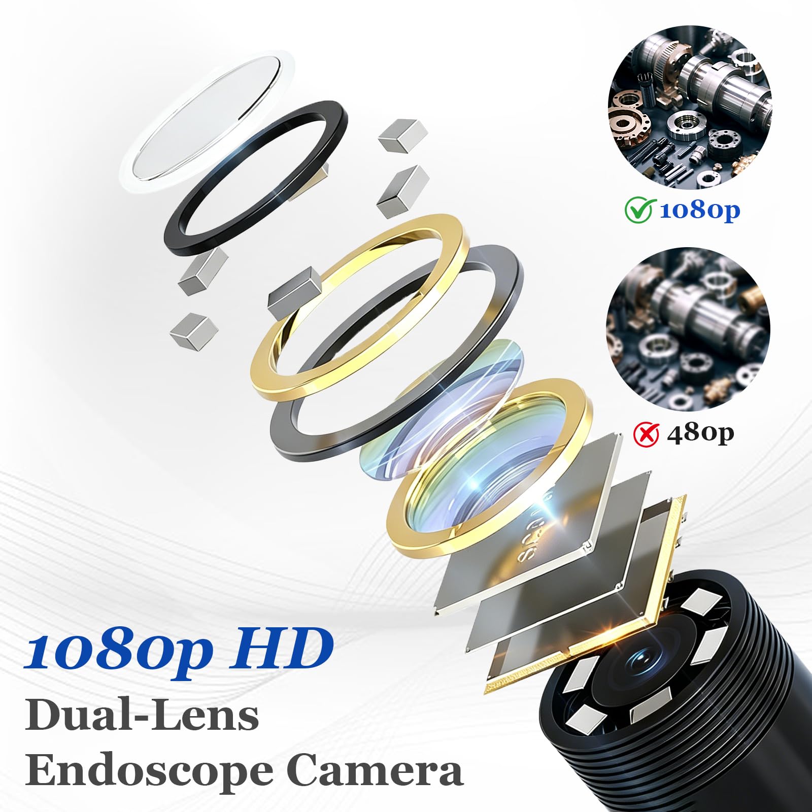 Endoscopio per Smartphone con Luce，Doppia Lente 1920P HD Telecamera Endoscopica，IP67 Impermeabile Telecamera Ispezione Tubi con Cavo Semirigido da 5 M per Android e iOS