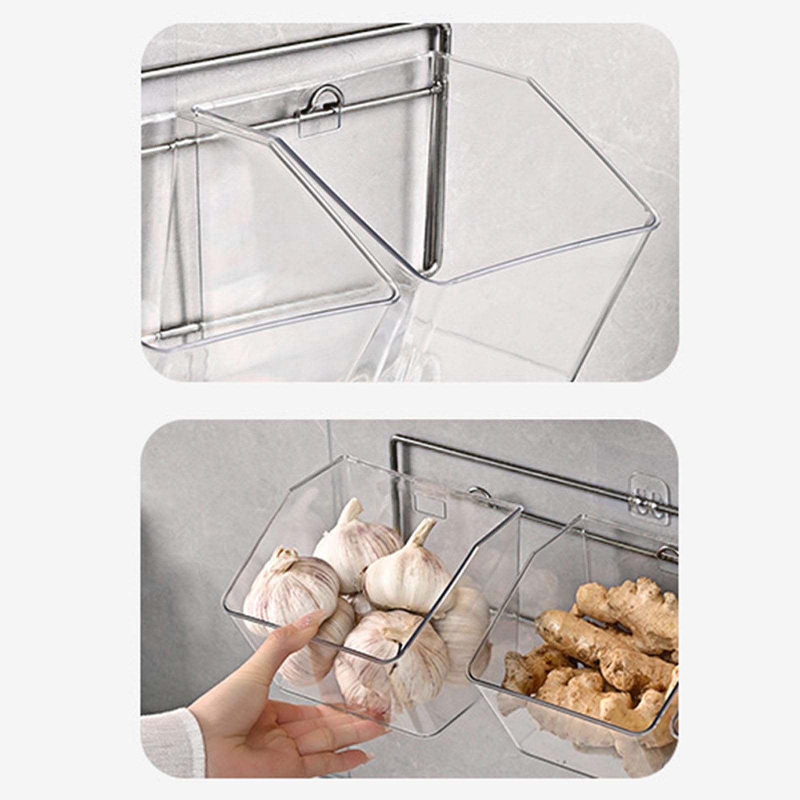 HFEHSKJ Garlic Container Wall Mounted 3 Compartments Detachable Onion Ginger Organizer Multifunctional Kitchen Storage Box for Garlic Ginger Onion(Black)