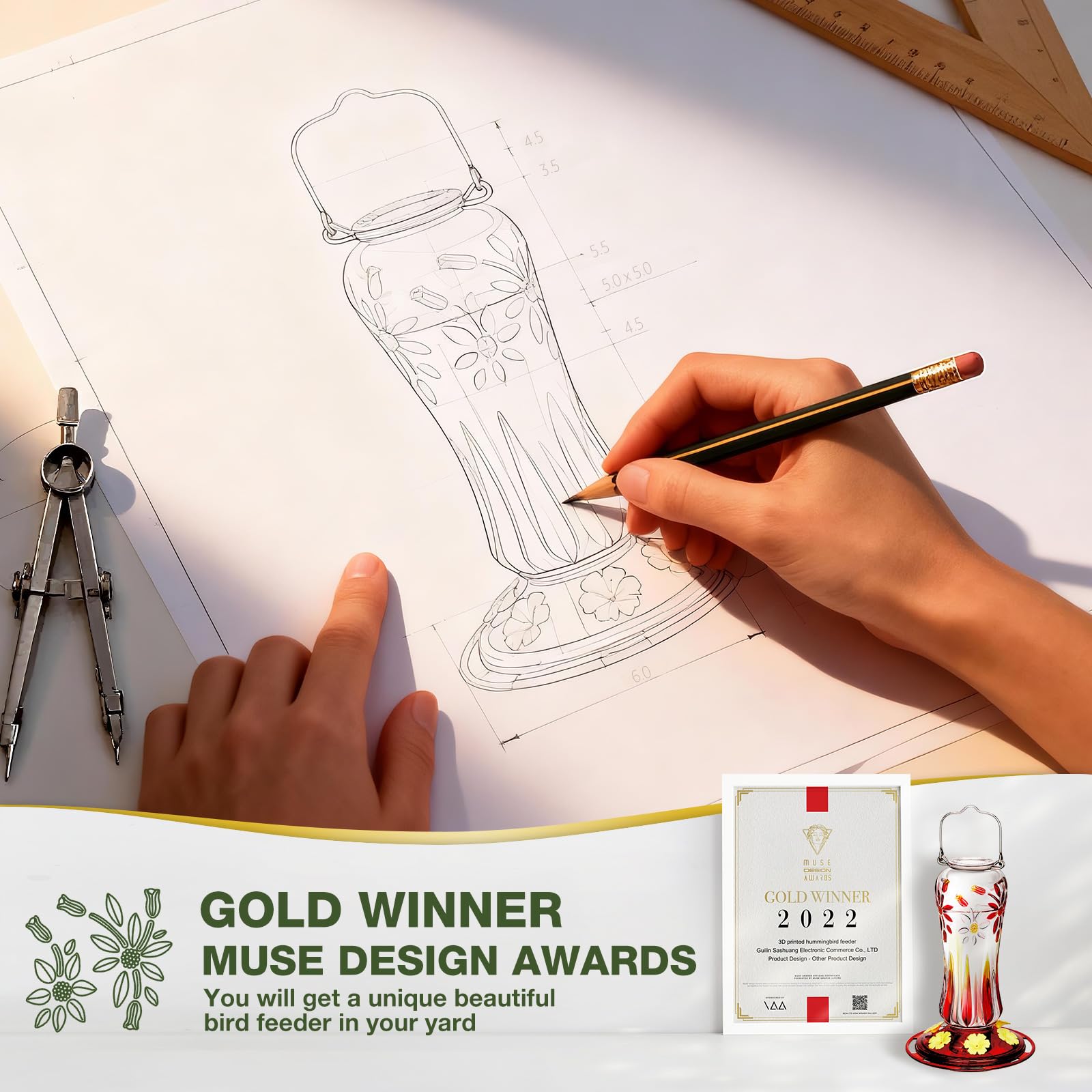 Kingsyard Hummingbird Feeder for Outdoors Hanging, 25 Ounces, Glass Humming Bird Nectar Feeder with Ant Moat & 6 Feeding Ports, Leak Proof, Red - 5