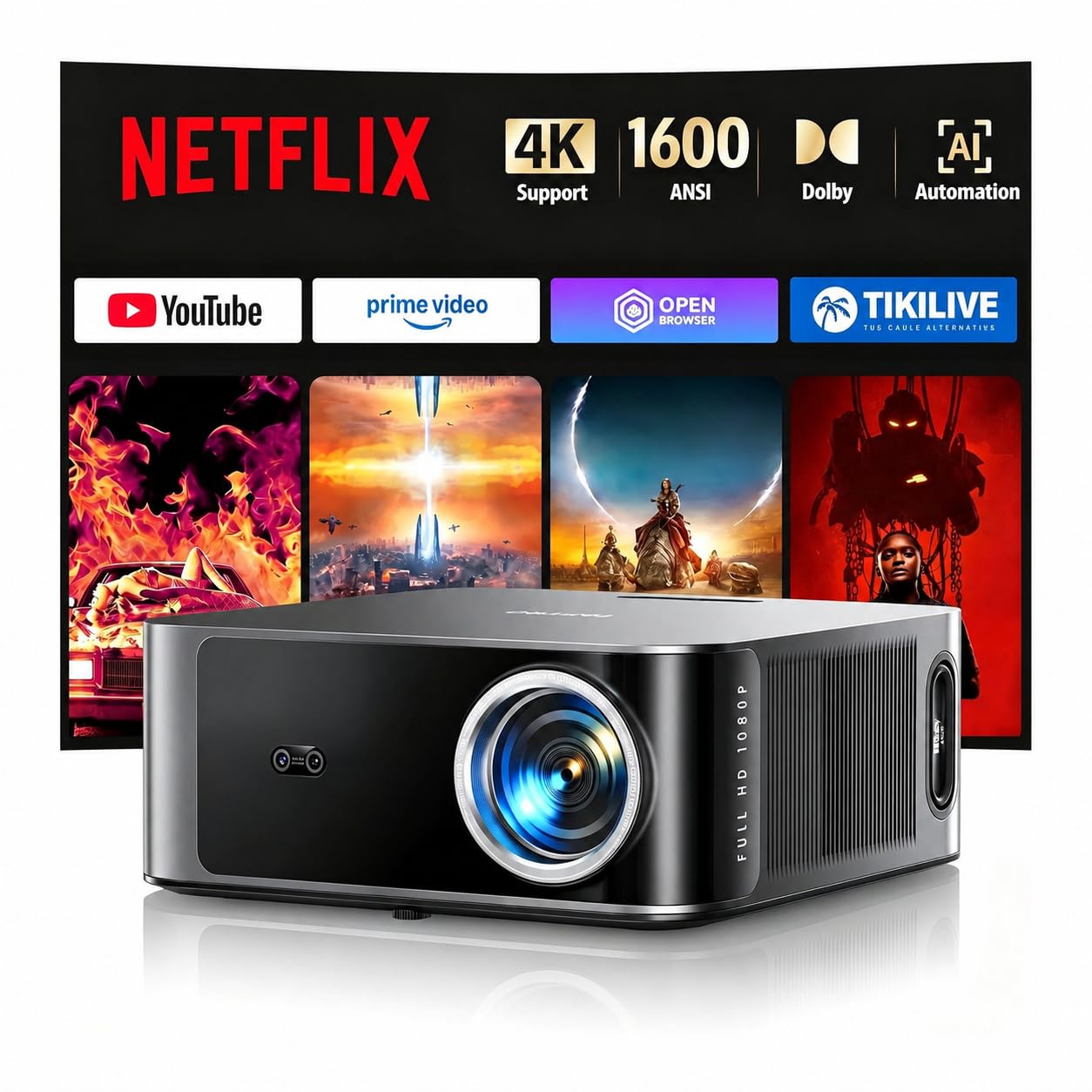 【1600 ANSI/Compatible Netflix】Vidéoprojecteur 4K Dolby 36W, AI Auto Focus/Keystone TOPTRO Projecteur Video WiFi6 Bluetooth FHD 1080P, 2*18W Haut-Parleurs Rétroprojecteur 4K Home Cinéma Extérieur/PS5