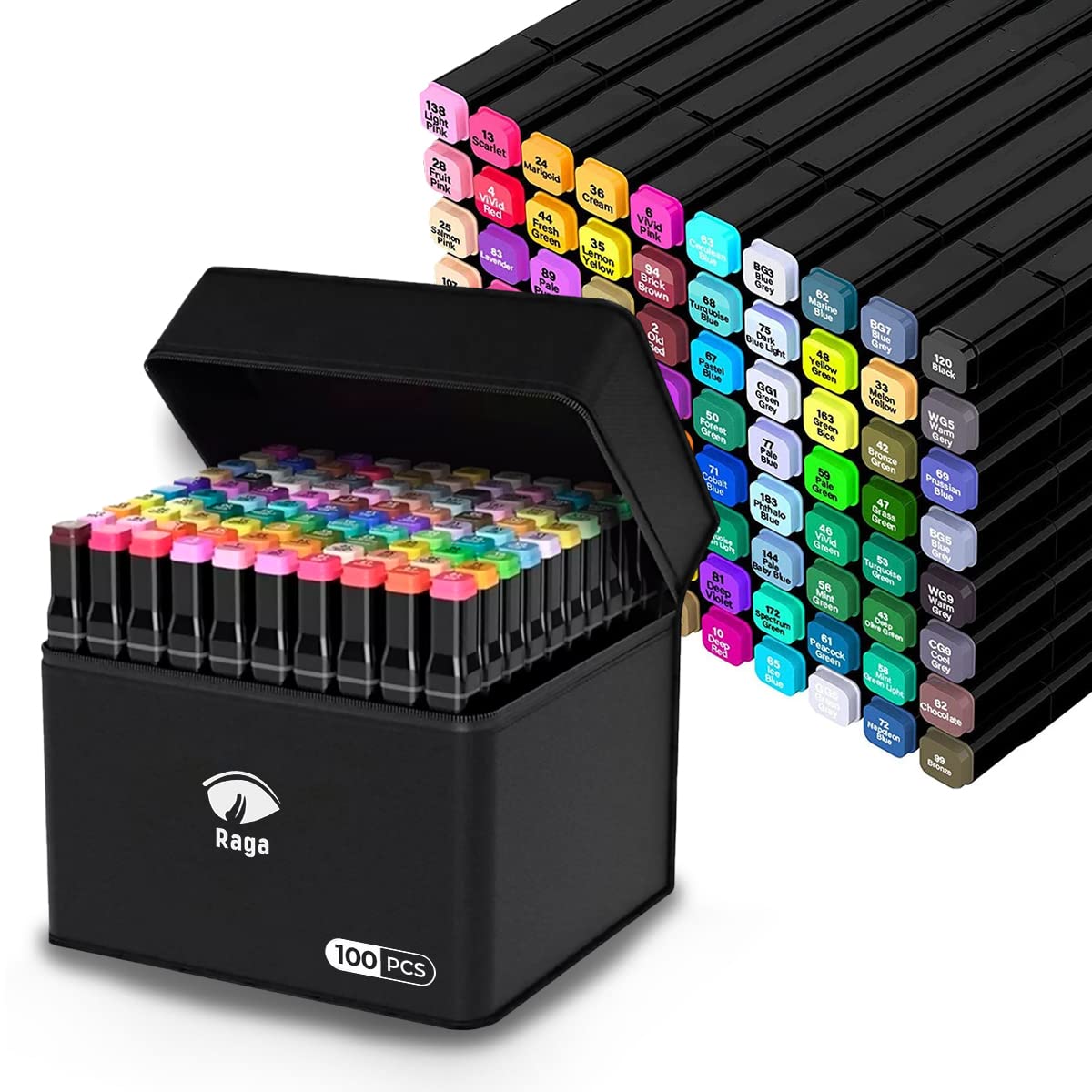 Raganet, 100 Plumones Doble Punta, Marcadores Punta Ancha y Delgada, No Tóxicos, De Dibujo Profesional y Para Niños, Exterior Color Negro (100 Colores Diferentes)