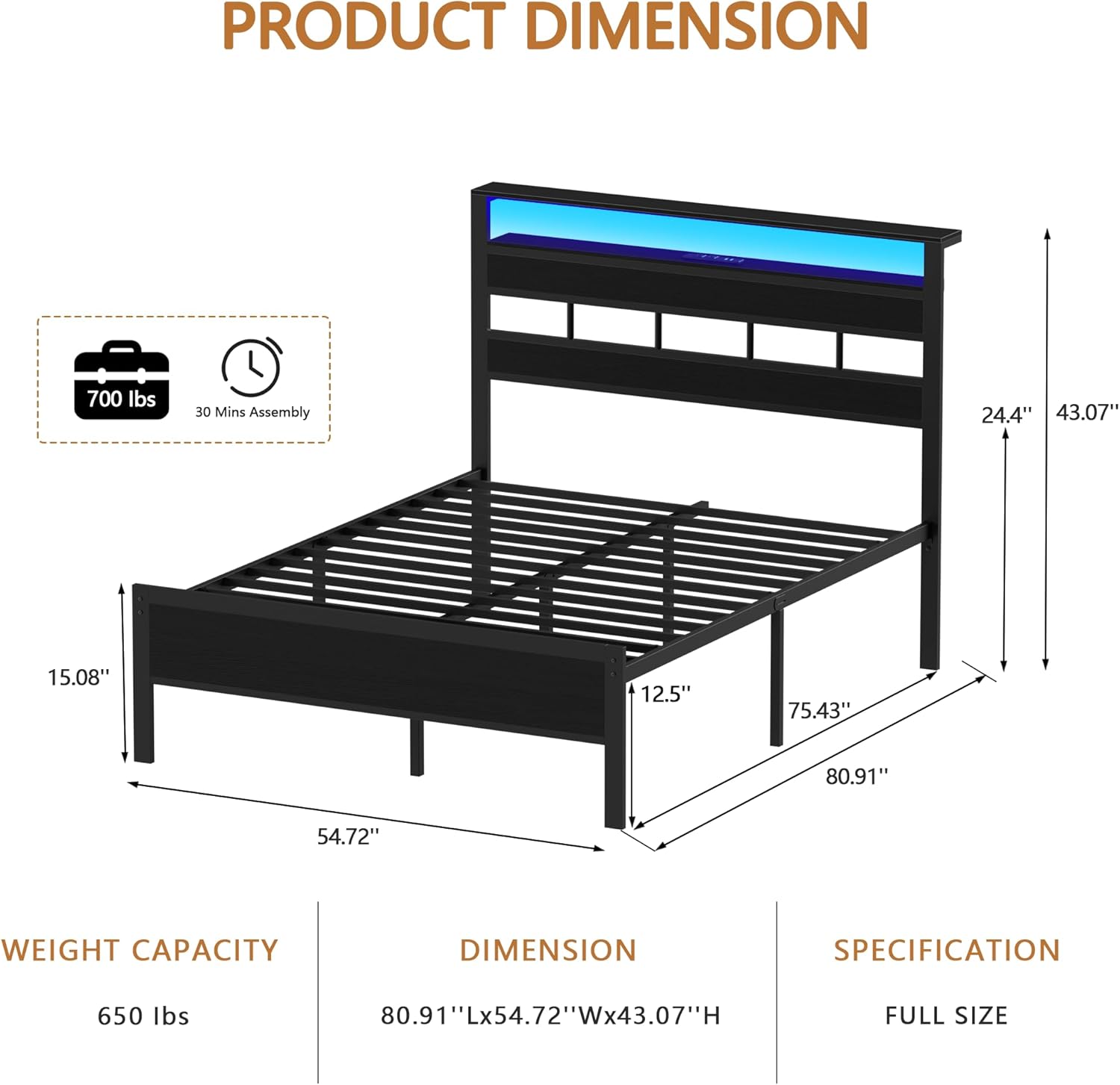 Furnulem Full Size Bed Frame with LED Light and Charging Station, Wood Storage Headboard with 2-Tier Shelves, Metal Platform Bed with Heavy Duty Slats Support, No Box Spring Needed, Black Oak - Image 8