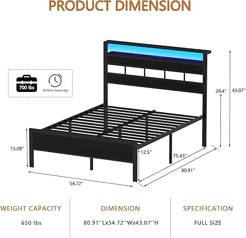 Miniatura 8 de Furnulem Full Size Bed Frame with LED Light and Charging Station, Wood Storage Headboard with 2-Tier Shelves, Metal Platform Bed with Heavy Duty