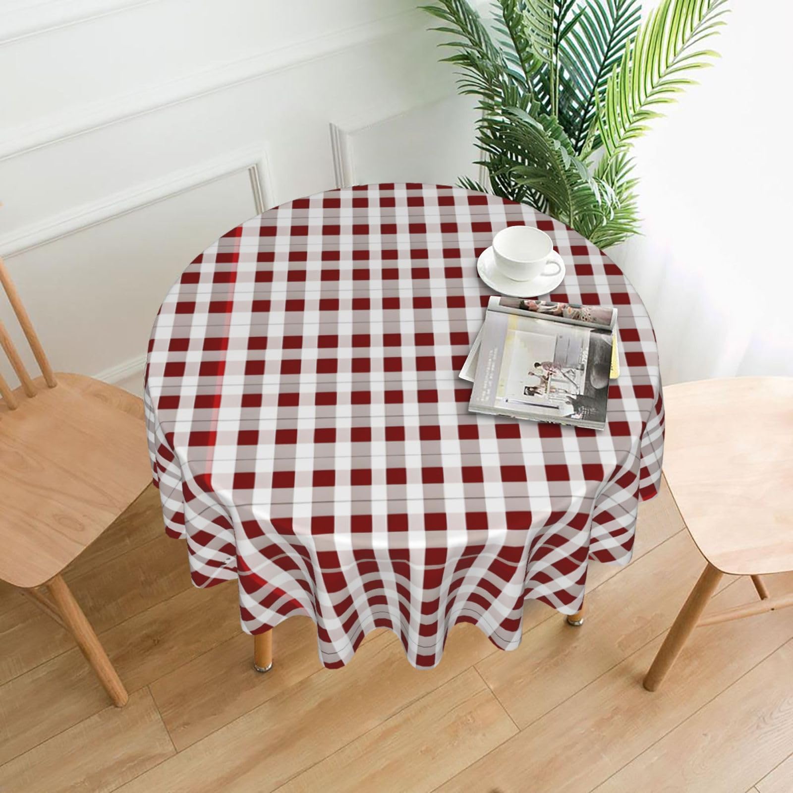 Nbtghga Red White Checkered Print Tablecloth Round Border Table Cloth Cover Decorative For Party Holiday Dinning Tabletop Home
