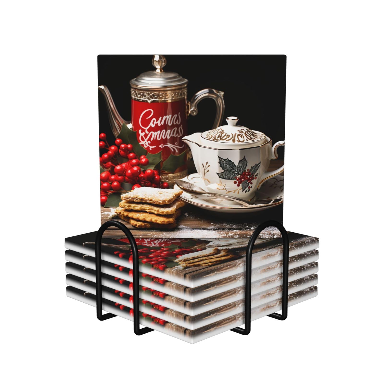 6Pcs Ceramics Coaster for Drinks, Christmas Tea Time Cup Coasters with Holder, Aesthetic Drink Coasters for Coffee Table, Absorbent Round Coaster for Tabletop Protection 4" Cup Mat Pad
