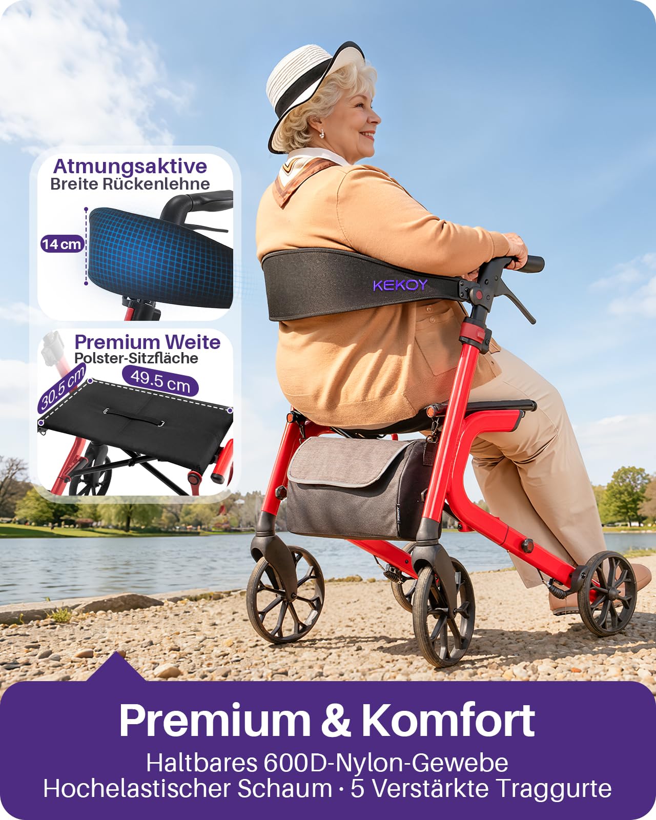 Kekoy Bariatrischer Rollator faltbar mit Sitz für Senioren, 226 kg Traglast | Auf allen Geländen. Aluminium höhenverstellbarer Outdoor Rollator mit 50 cm Sitzkissen, Lehne, Stauraum & Becherhalter, Rot