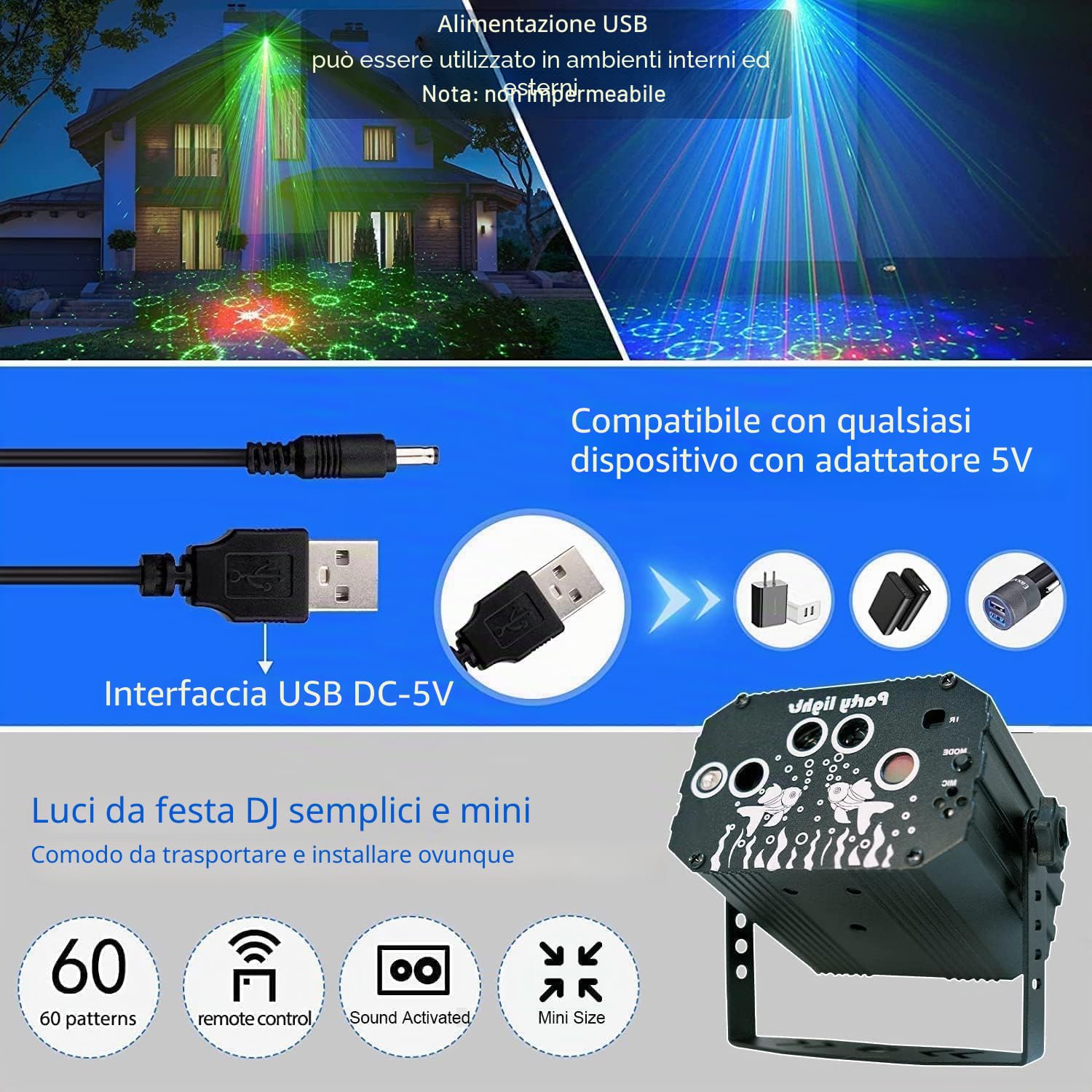 Luce da discoteca per feste, decorazione per feste, luce discoteca, luce DJ, guidata dalla musica, con telecomando USB, 61 motivi diversi, palla da discoteca per karaoke, riunione di famiglia,