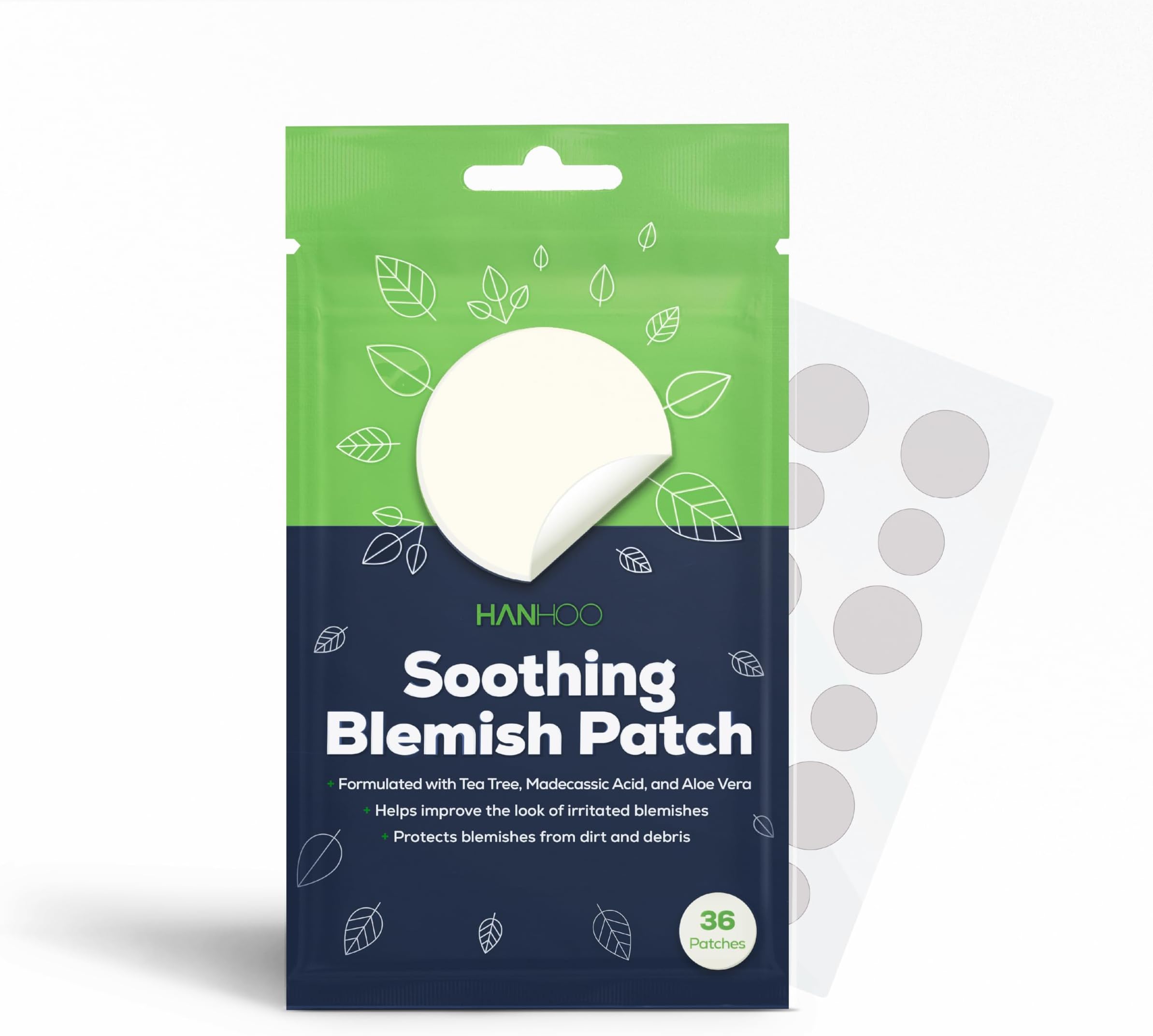 HANHOOSoothing Blemish Patch with Aloe, Madecassic Acid, and Tea Tree Extract | Hydrocolloid Spot Treatment | Calms Pre-Stage, Irritated, and Popped Blemishes (36 Count)