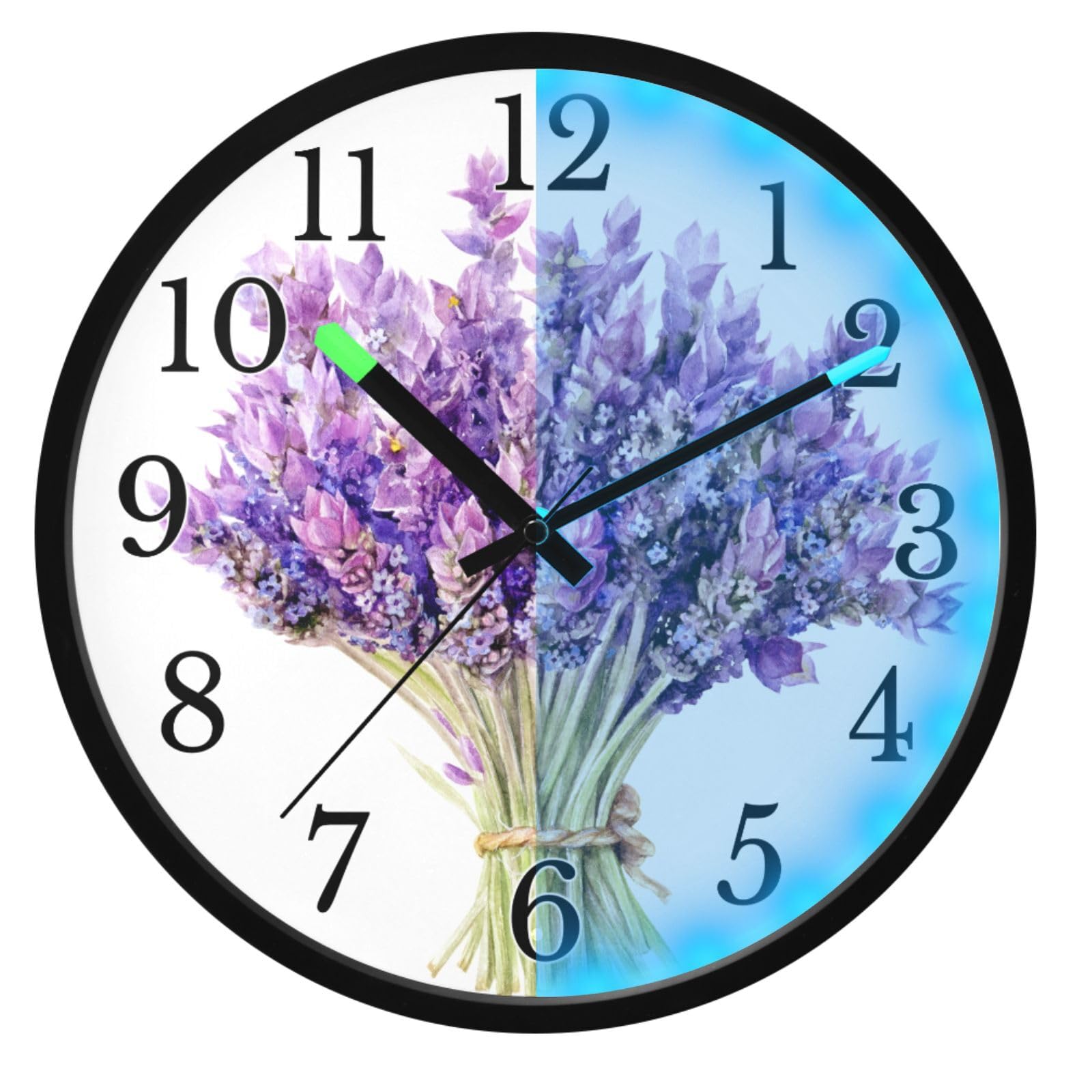 Mnsruu Reloj de pared luminoso con ramos de lavanda morada, reloj de pared que brilla en la oscuridad, funciona con pilas, 12 pulgadas, silencioso, sin tictac, luz nocturna para dormitorio