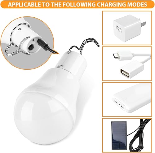 Miniatura 5 de Paquete de 2 bombillas LED de energía solar, luces solares portátiles de carga USB con panel solar para interiores y exteriores, senderismo,